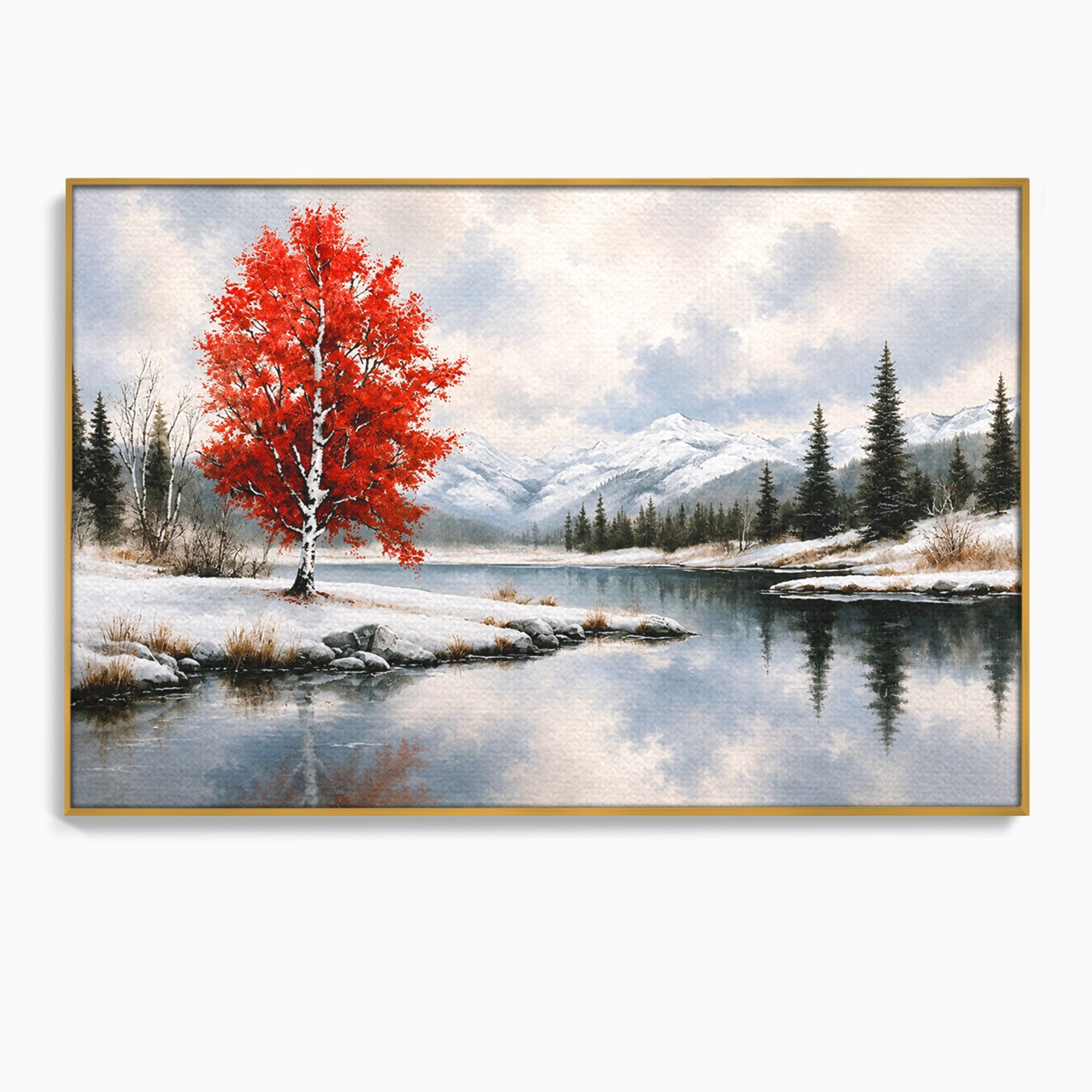 Tablou Canvas Premium LuxCanva® A1705, Peisaj De Iarna Cu Arbore Rosu, Peisaj, Iarna, Arbore, Lac, Natura, Living, Dormitor, Culori Vibrante