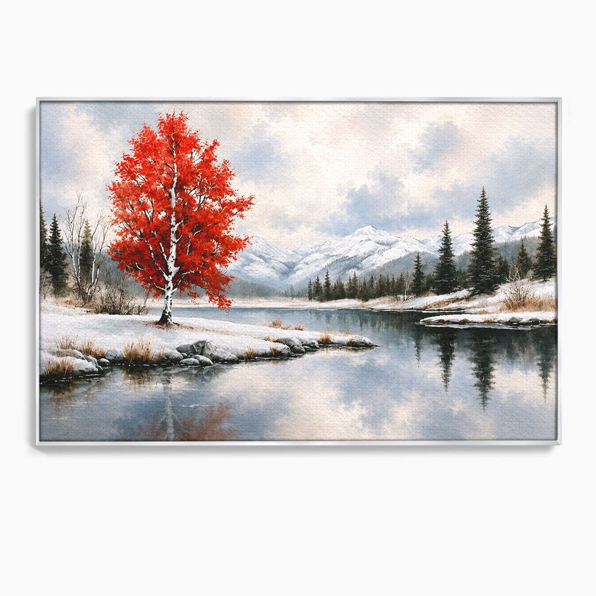 Tablou Canvas Premium LuxCanva® A1705, Peisaj De Iarna Cu Arbore Rosu, Peisaj, Iarna, Arbore, Lac, Natura, Living, Dormitor, Culori Vibrante