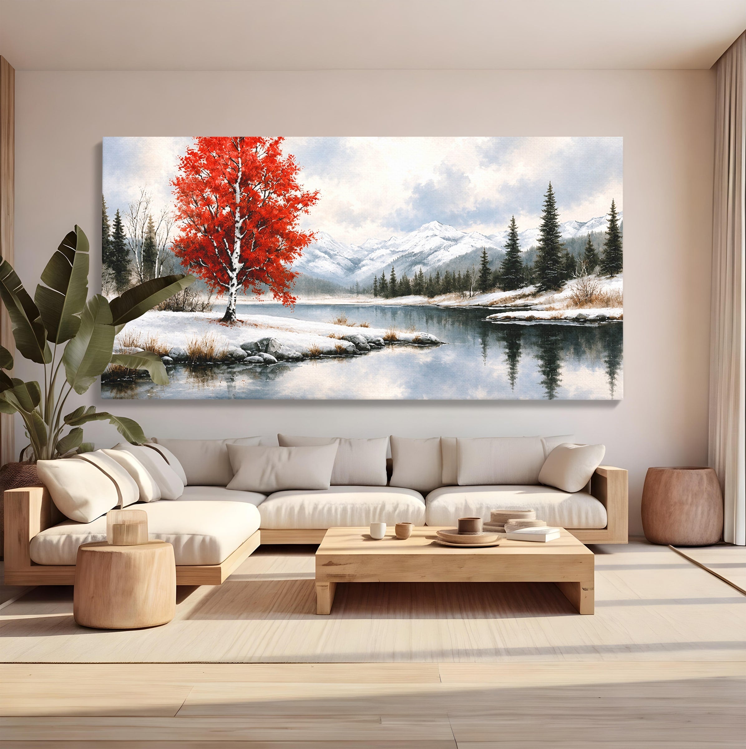 Tablou Canvas Premium LuxCanva® A1705, Peisaj De Iarna Cu Arbore Rosu, Peisaj, Iarna, Arbore, Lac, Natura, Living, Dormitor, Culori Vibrante