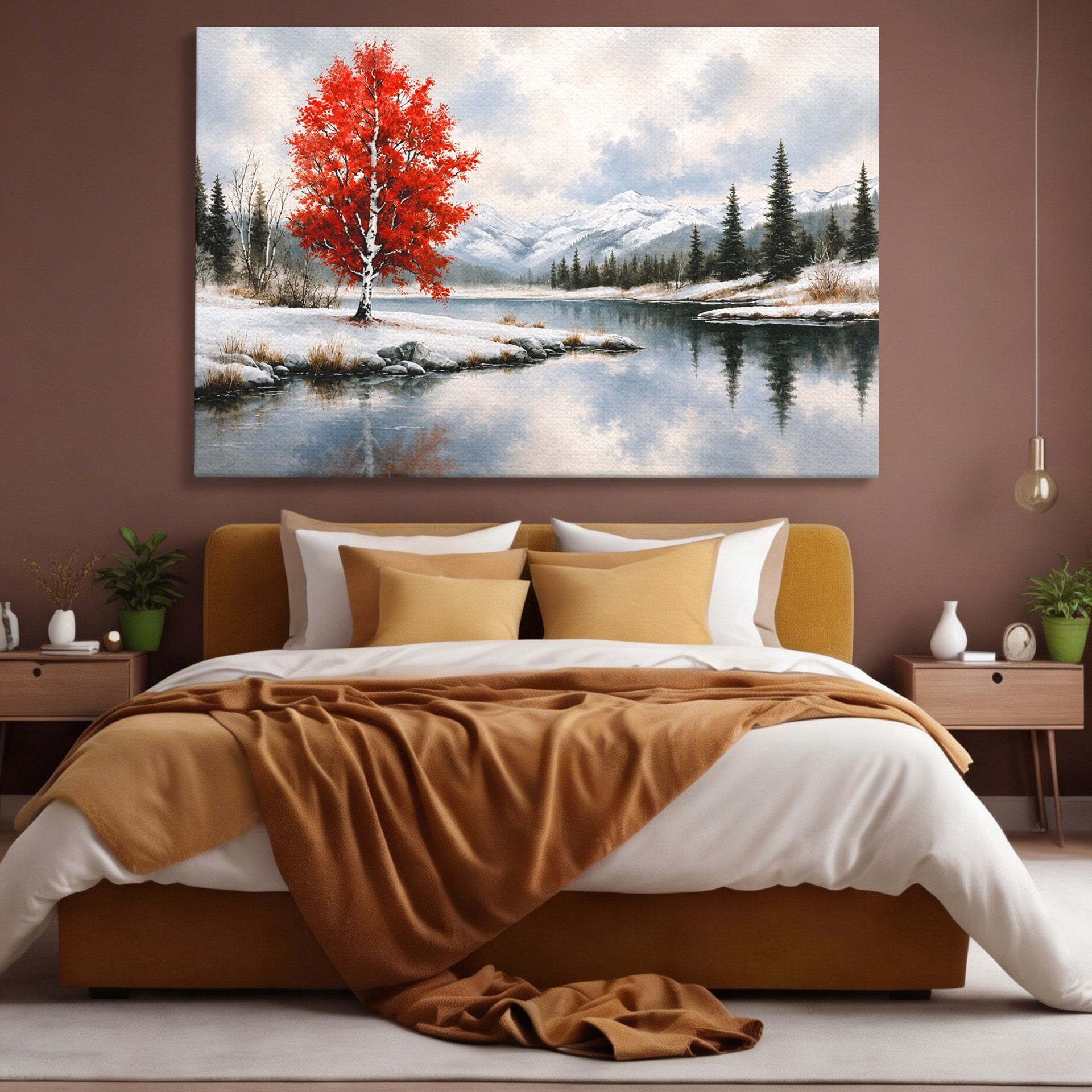 Tablou Canvas Premium LuxCanva® A1705, Peisaj De Iarna Cu Arbore Rosu, Peisaj, Iarna, Arbore, Lac, Natura, Living, Dormitor, Culori Vibrante