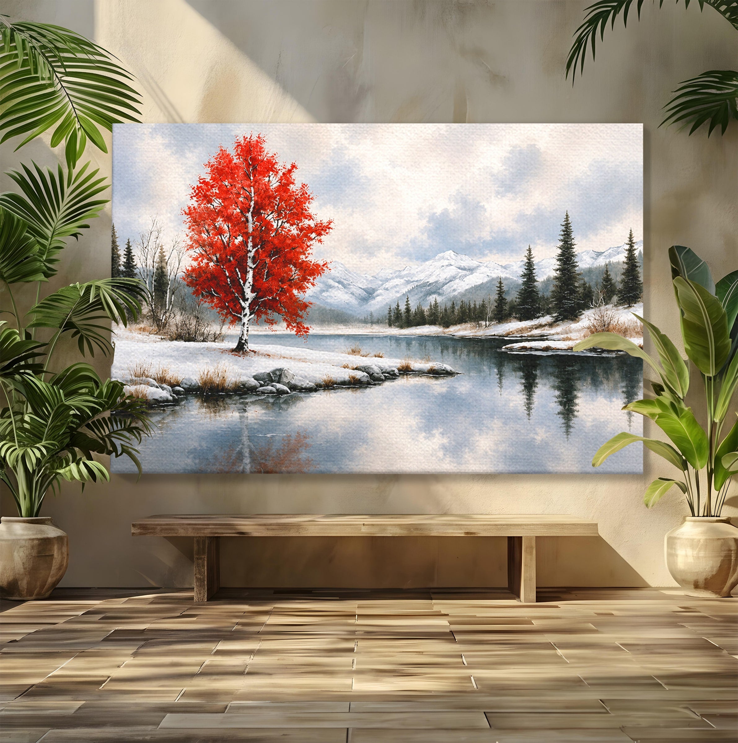 Tablou Canvas Premium LuxCanva® A1705, Peisaj De Iarna Cu Arbore Rosu, Peisaj, Iarna, Arbore, Lac, Natura, Living, Dormitor, Culori Vibrante