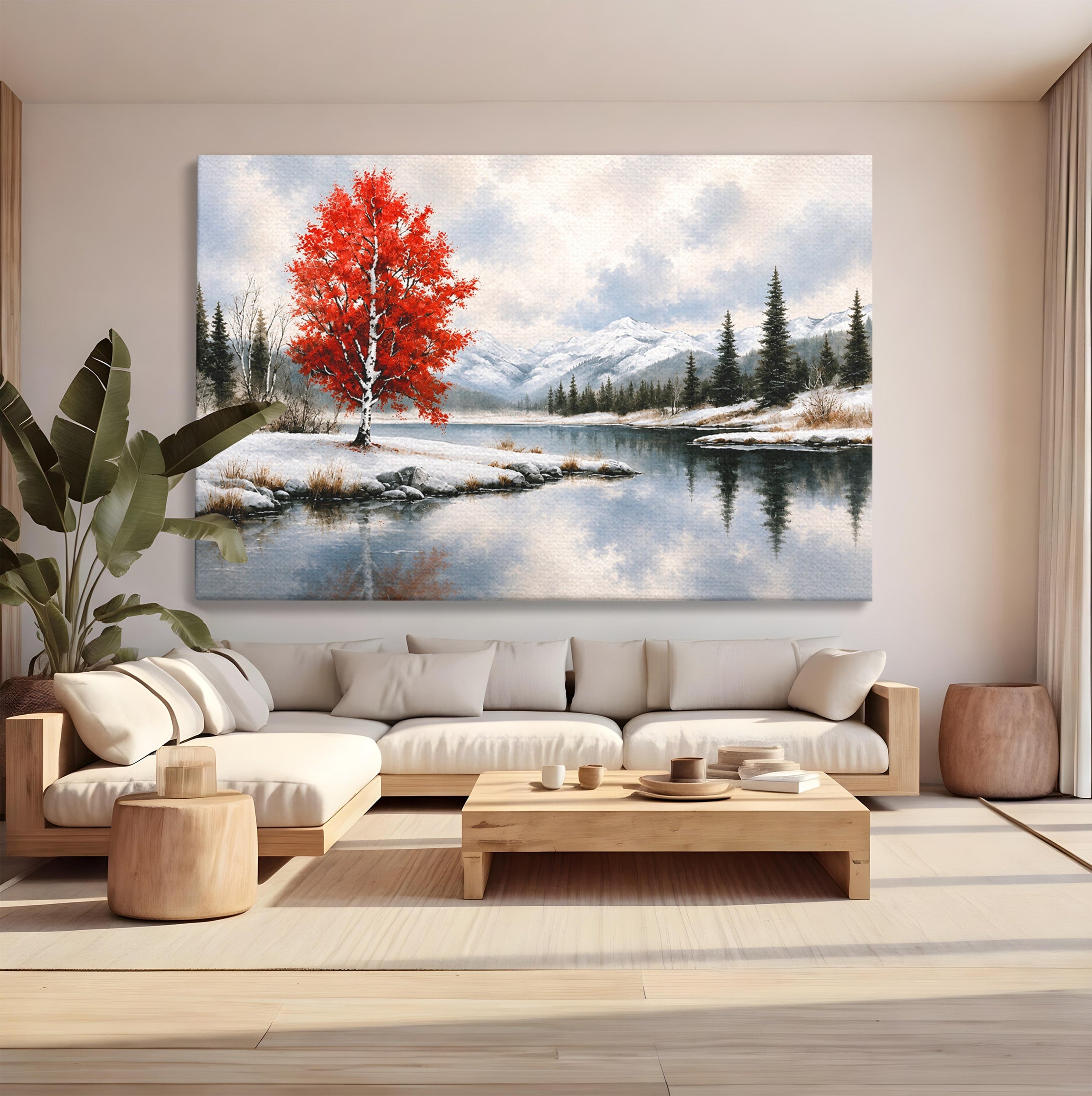 Tablou Canvas Premium LuxCanva® A1705, Peisaj De Iarna Cu Arbore Rosu, Peisaj, Iarna, Arbore, Lac, Natura, Living, Dormitor, Culori Vibrante