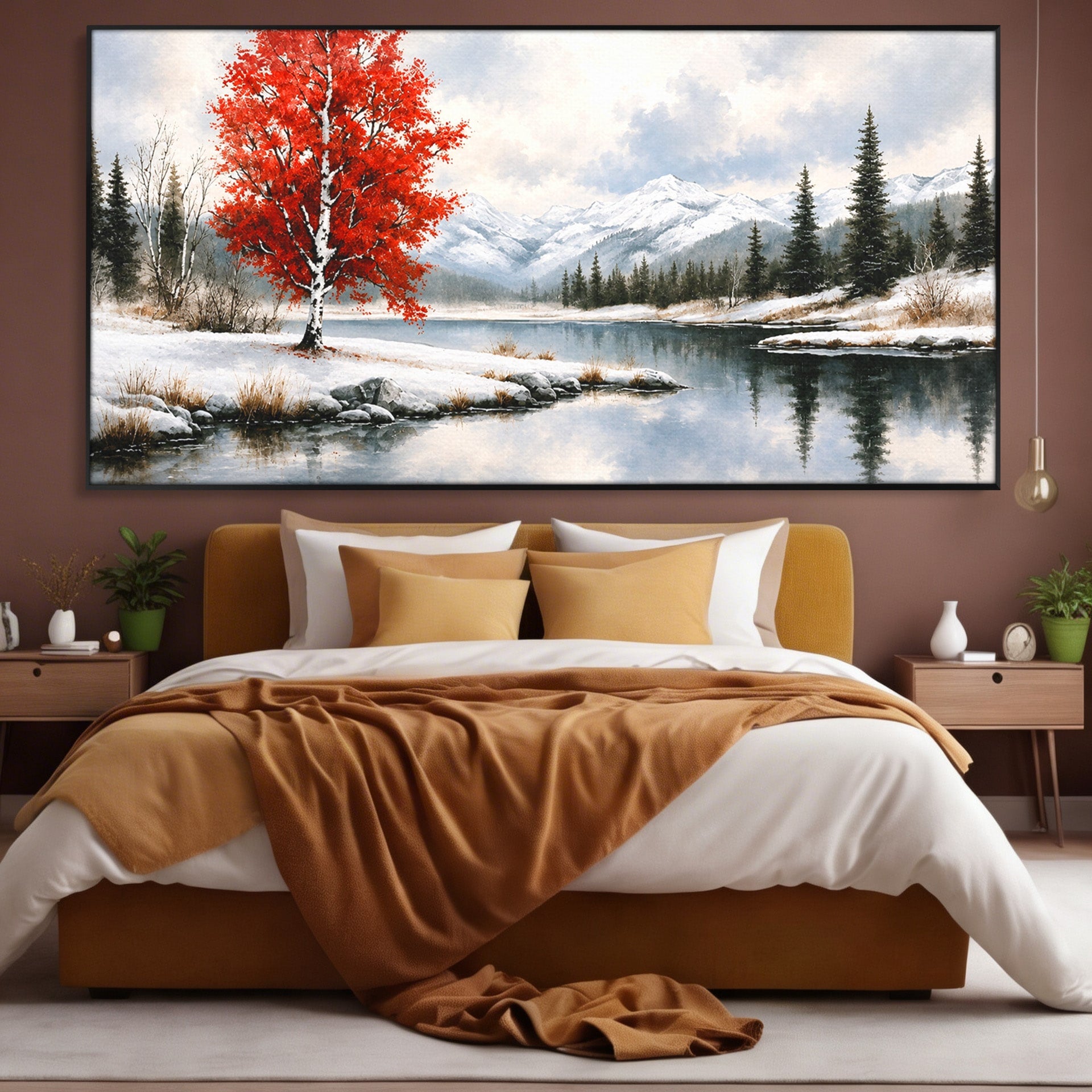 Tablou Canvas Premium LuxCanva® A1705, Peisaj De Iarna Cu Arbore Rosu, Peisaj, Iarna, Arbore, Lac, Natura, Living, Dormitor, Culori Vibrante