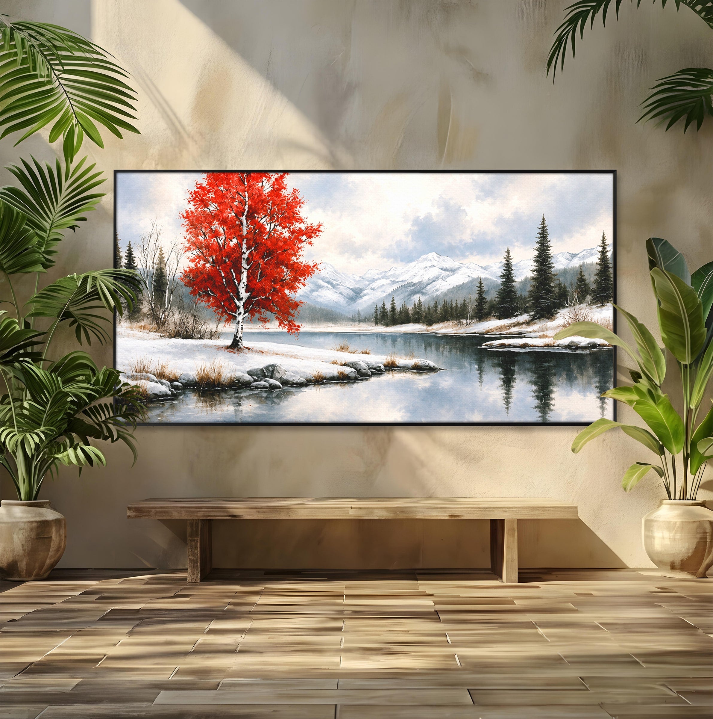 Tablou Canvas Premium LuxCanva® A1705, Peisaj De Iarna Cu Arbore Rosu, Peisaj, Iarna, Arbore, Lac, Natura, Living, Dormitor, Culori Vibrante