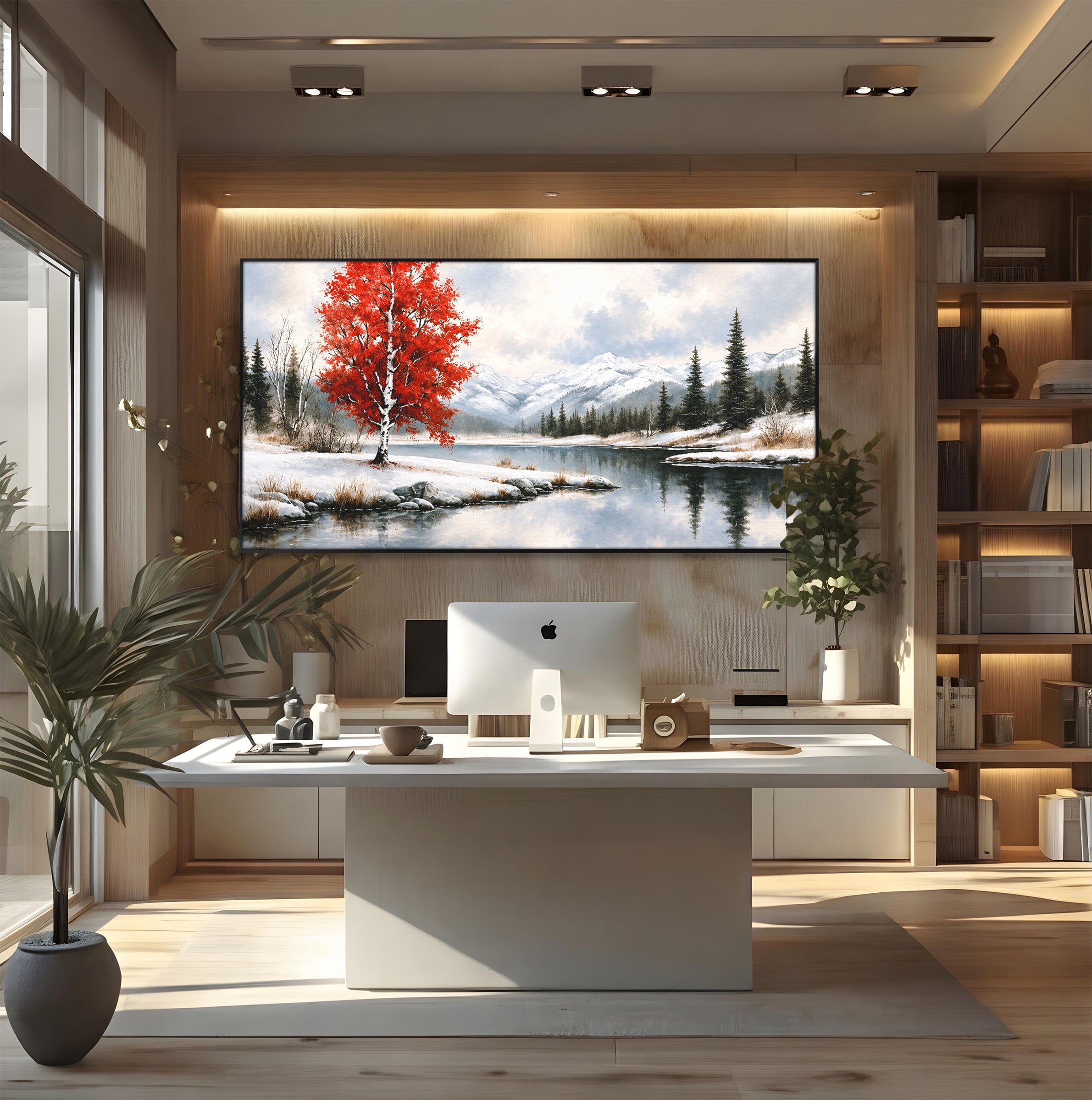 Tablou Canvas Premium LuxCanva® A1705, Peisaj De Iarna Cu Arbore Rosu, Peisaj, Iarna, Arbore, Lac, Natura, Living, Dormitor, Culori Vibrante