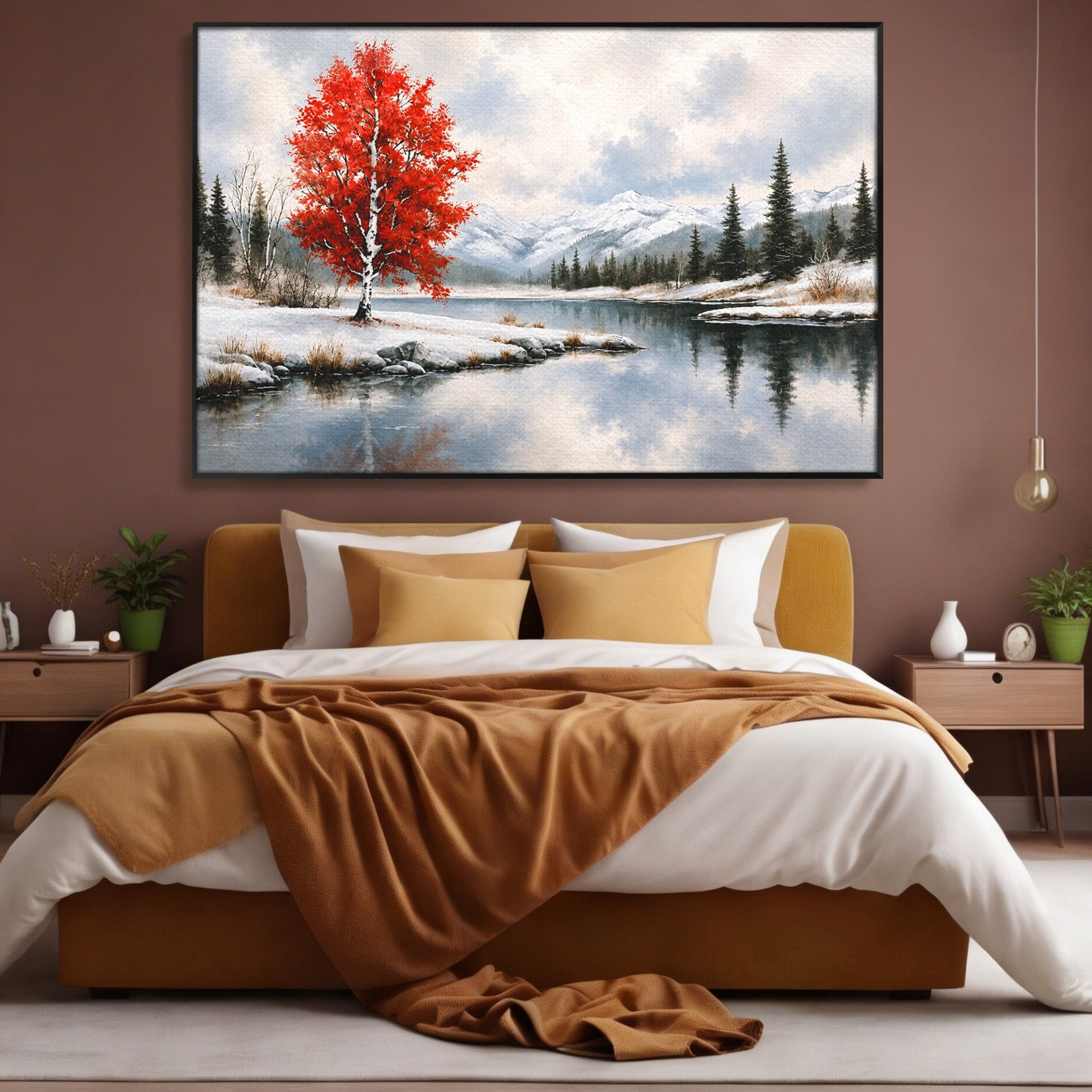 Tablou Canvas Premium LuxCanva® A1705, Peisaj De Iarna Cu Arbore Rosu, Peisaj, Iarna, Arbore, Lac, Natura, Living, Dormitor, Culori Vibrante
