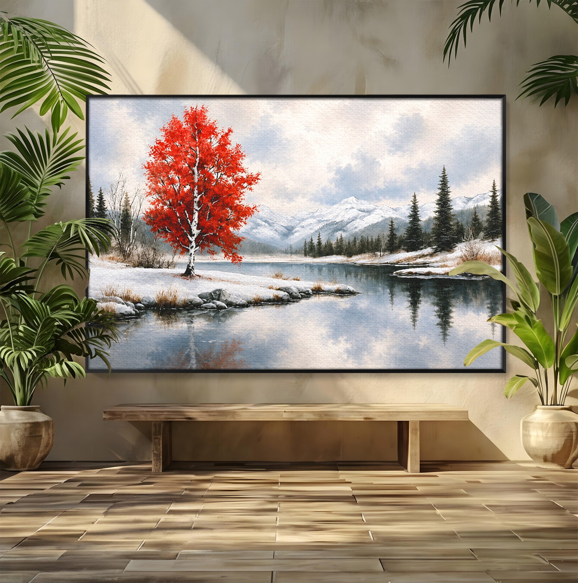 Tablou Canvas Premium LuxCanva® A1705, Peisaj De Iarna Cu Arbore Rosu, Peisaj, Iarna, Arbore, Lac, Natura, Living, Dormitor, Culori Vibrante