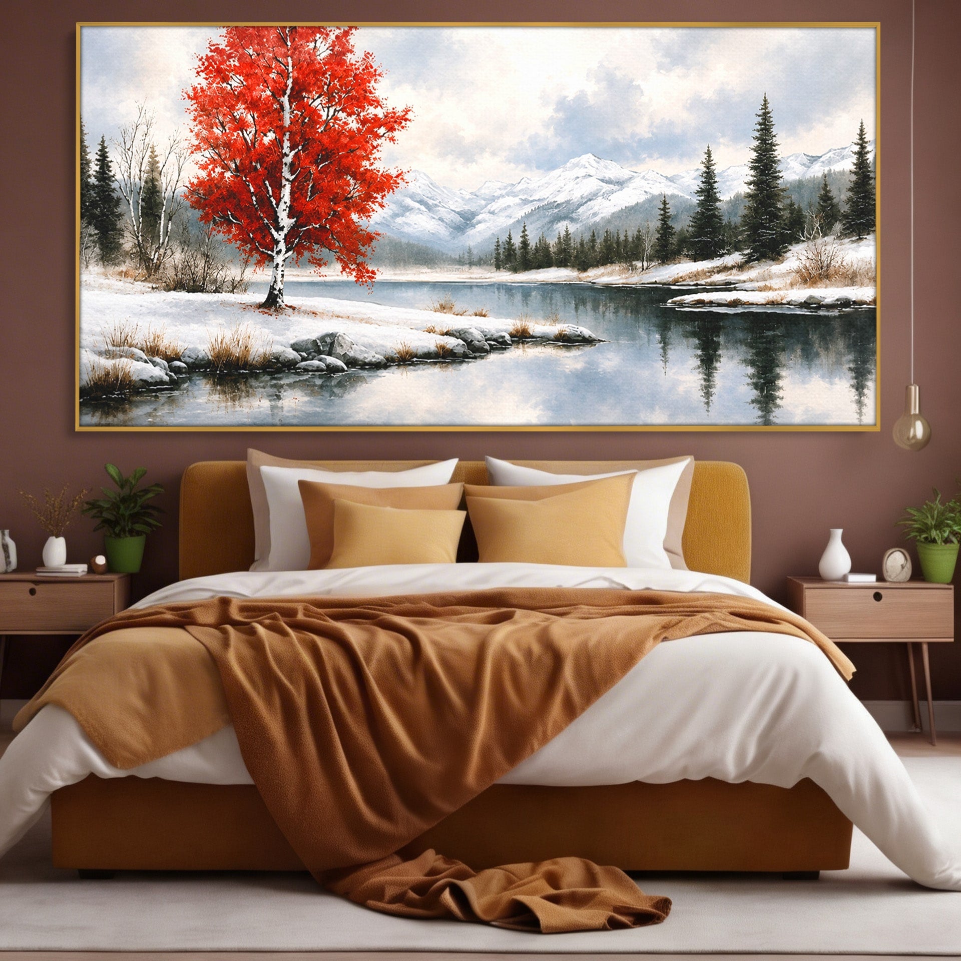 Tablou Canvas Premium LuxCanva® A1705, Peisaj De Iarna Cu Arbore Rosu, Peisaj, Iarna, Arbore, Lac, Natura, Living, Dormitor, Culori Vibrante