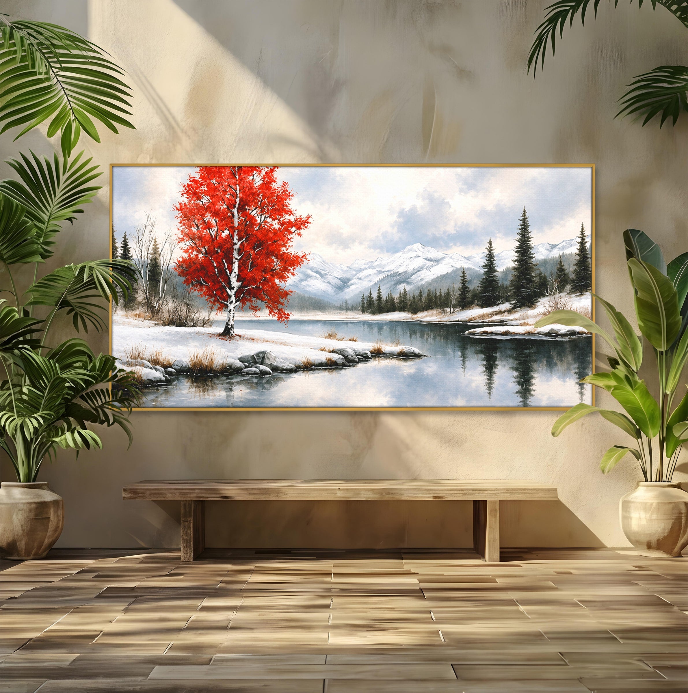 Tablou Canvas Premium LuxCanva® A1705, Peisaj De Iarna Cu Arbore Rosu, Peisaj, Iarna, Arbore, Lac, Natura, Living, Dormitor, Culori Vibrante