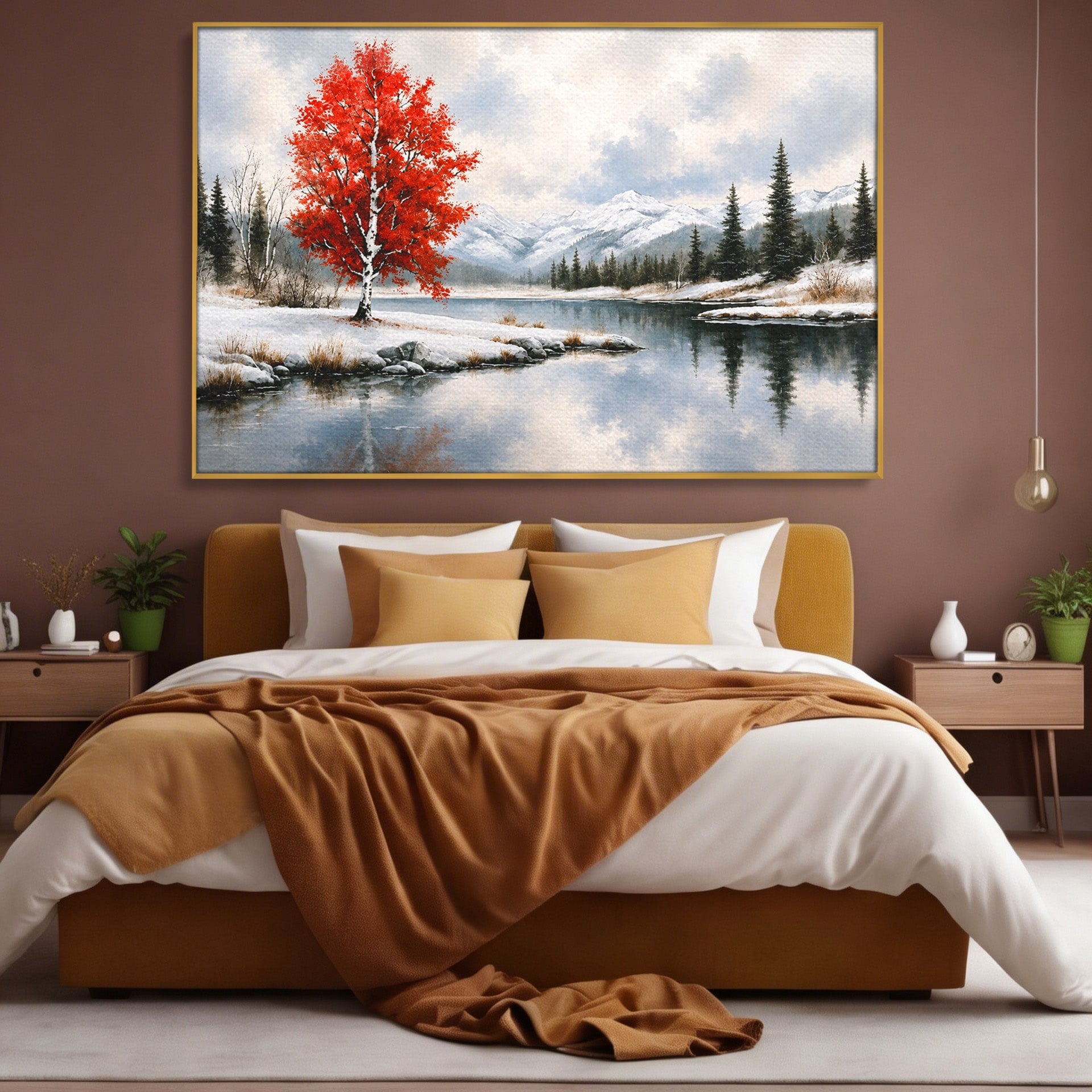 Tablou Canvas Premium LuxCanva® A1705, Peisaj De Iarna Cu Arbore Rosu, Peisaj, Iarna, Arbore, Lac, Natura, Living, Dormitor, Culori Vibrante