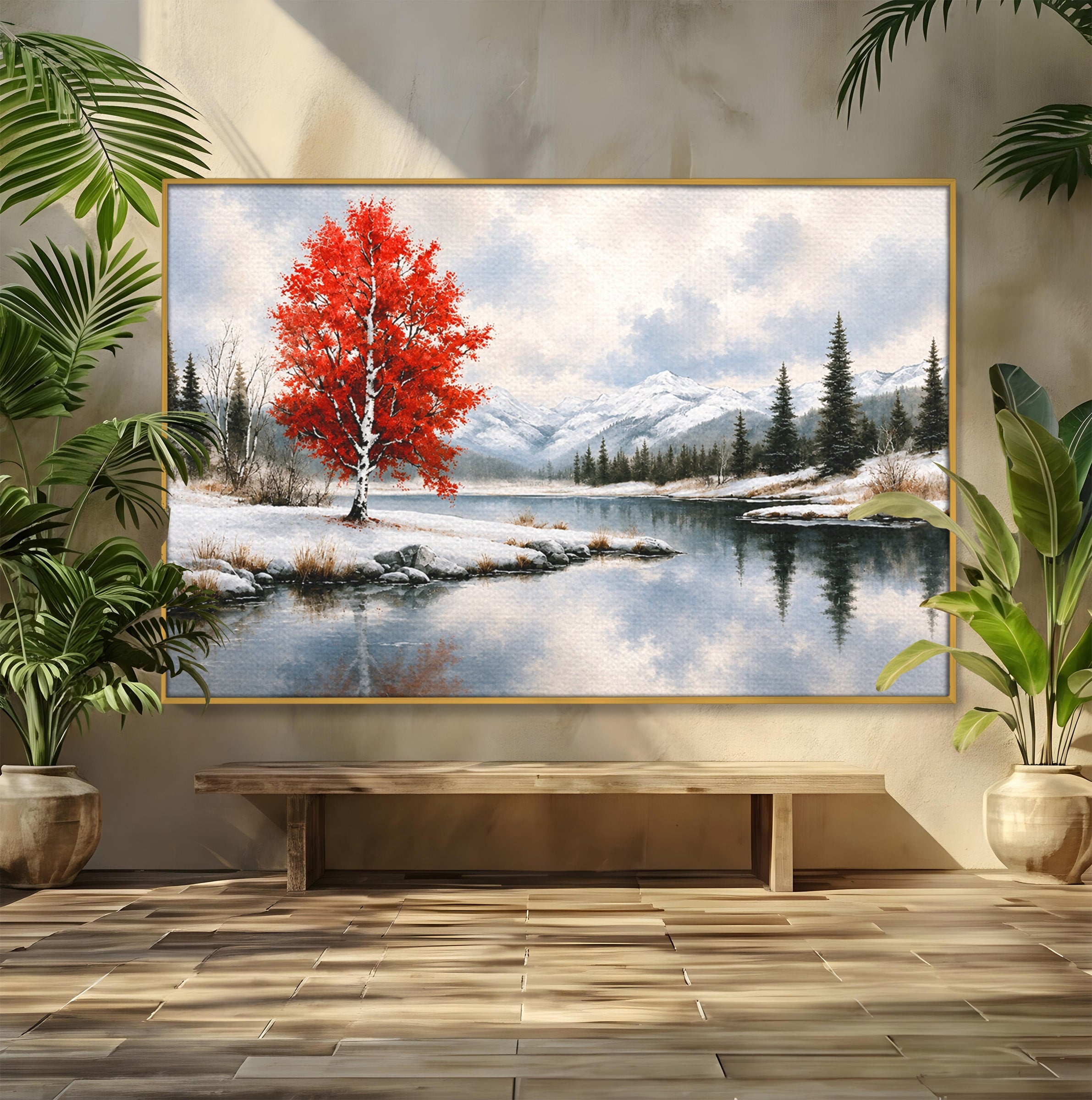 Tablou Canvas Premium LuxCanva® A1705, Peisaj De Iarna Cu Arbore Rosu, Peisaj, Iarna, Arbore, Lac, Natura, Living, Dormitor, Culori Vibrante