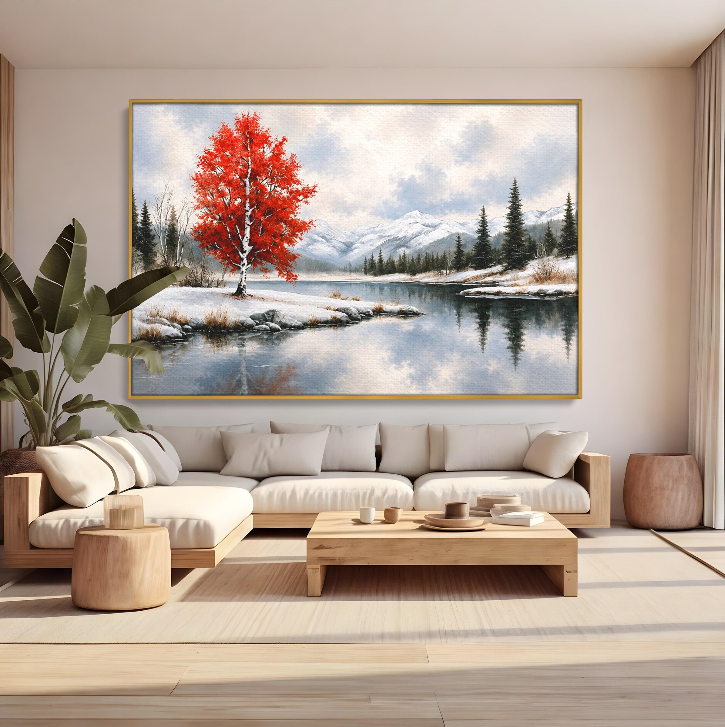 Tablou Canvas Premium LuxCanva® A1705, Peisaj De Iarna Cu Arbore Rosu, Peisaj, Iarna, Arbore, Lac, Natura, Living, Dormitor, Culori Vibrante