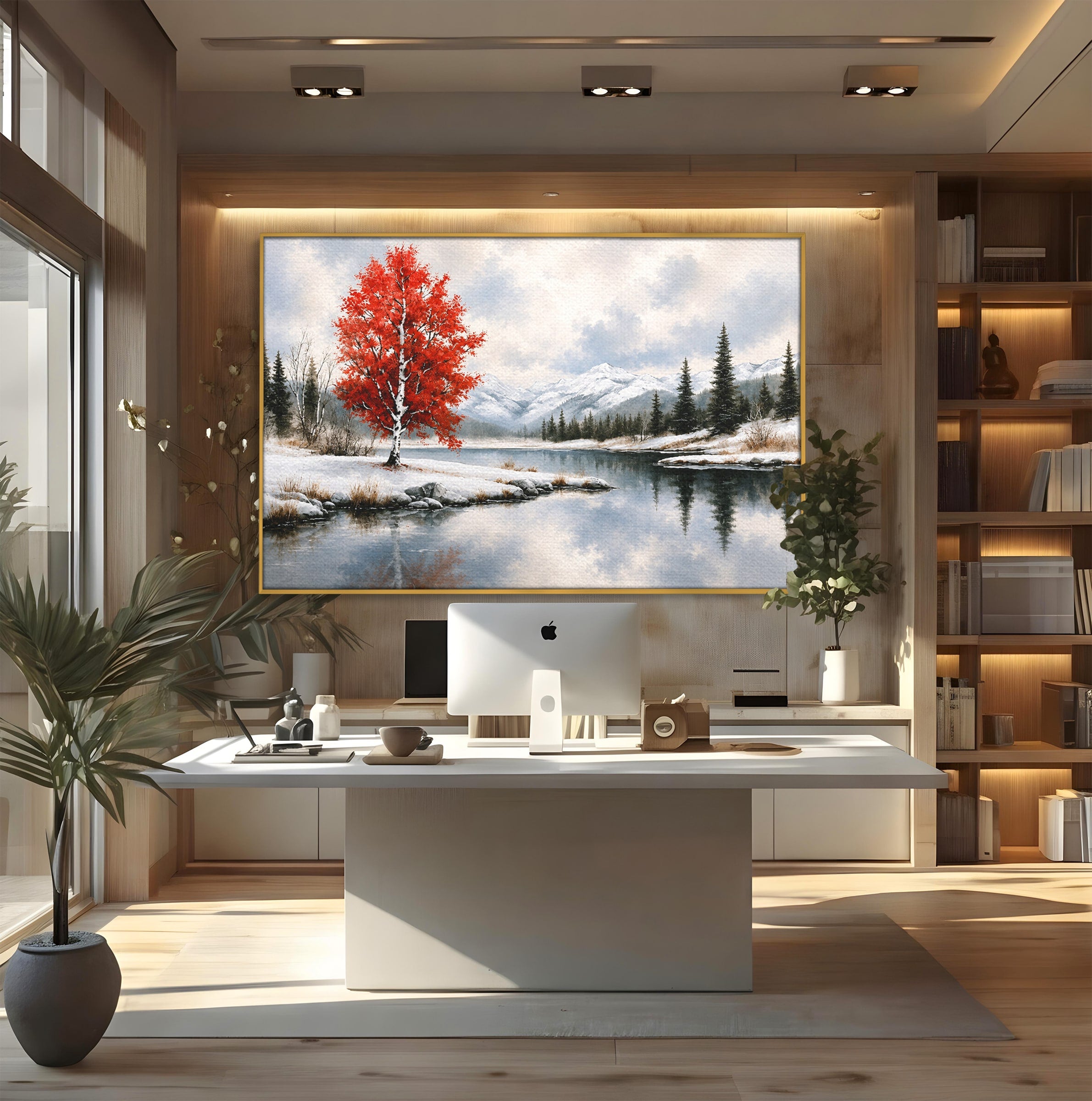 Tablou Canvas Premium LuxCanva® A1705, Peisaj De Iarna Cu Arbore Rosu, Peisaj, Iarna, Arbore, Lac, Natura, Living, Dormitor, Culori Vibrante