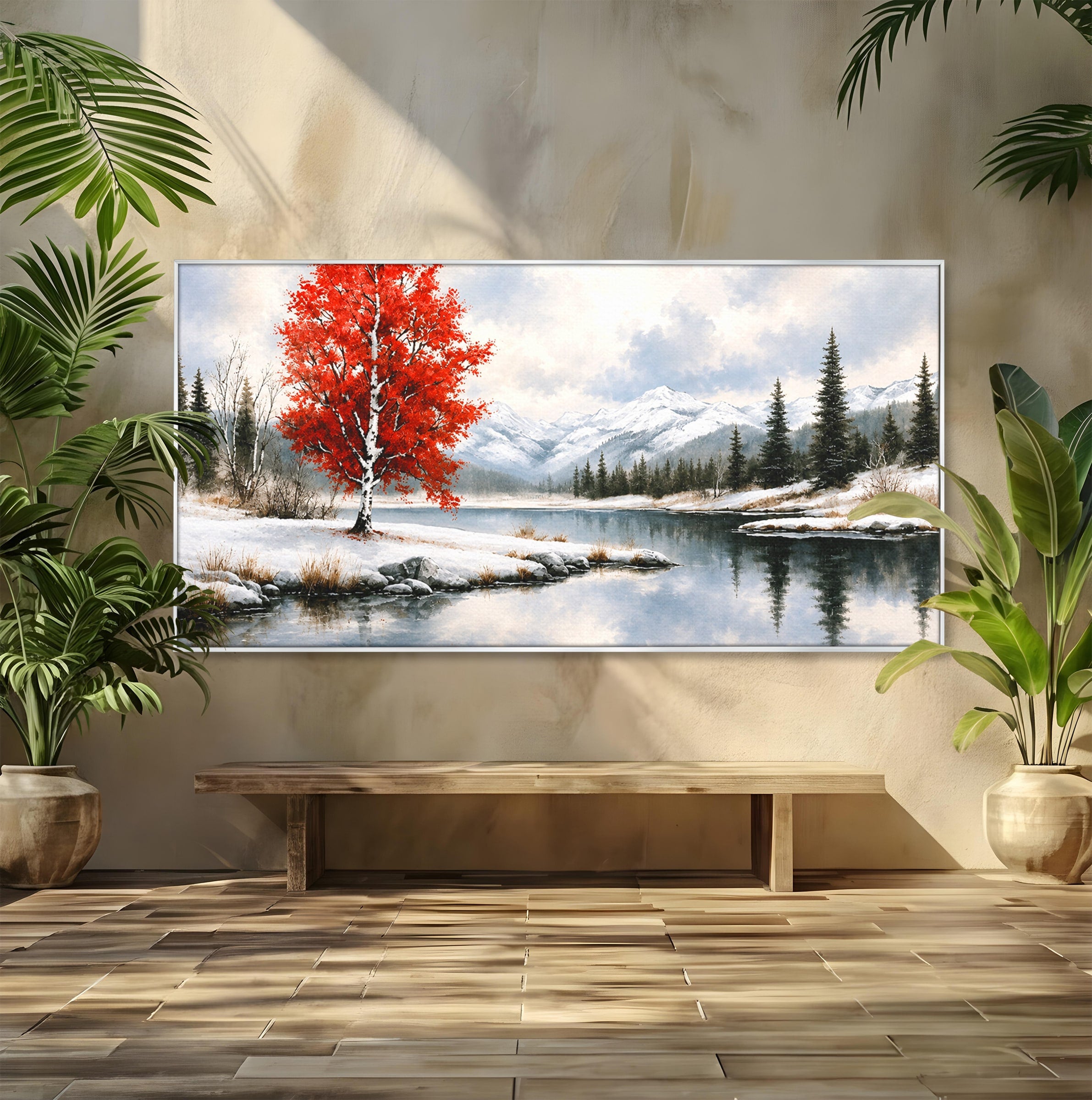 Tablou Canvas Premium LuxCanva® A1705, Peisaj De Iarna Cu Arbore Rosu, Peisaj, Iarna, Arbore, Lac, Natura, Living, Dormitor, Culori Vibrante