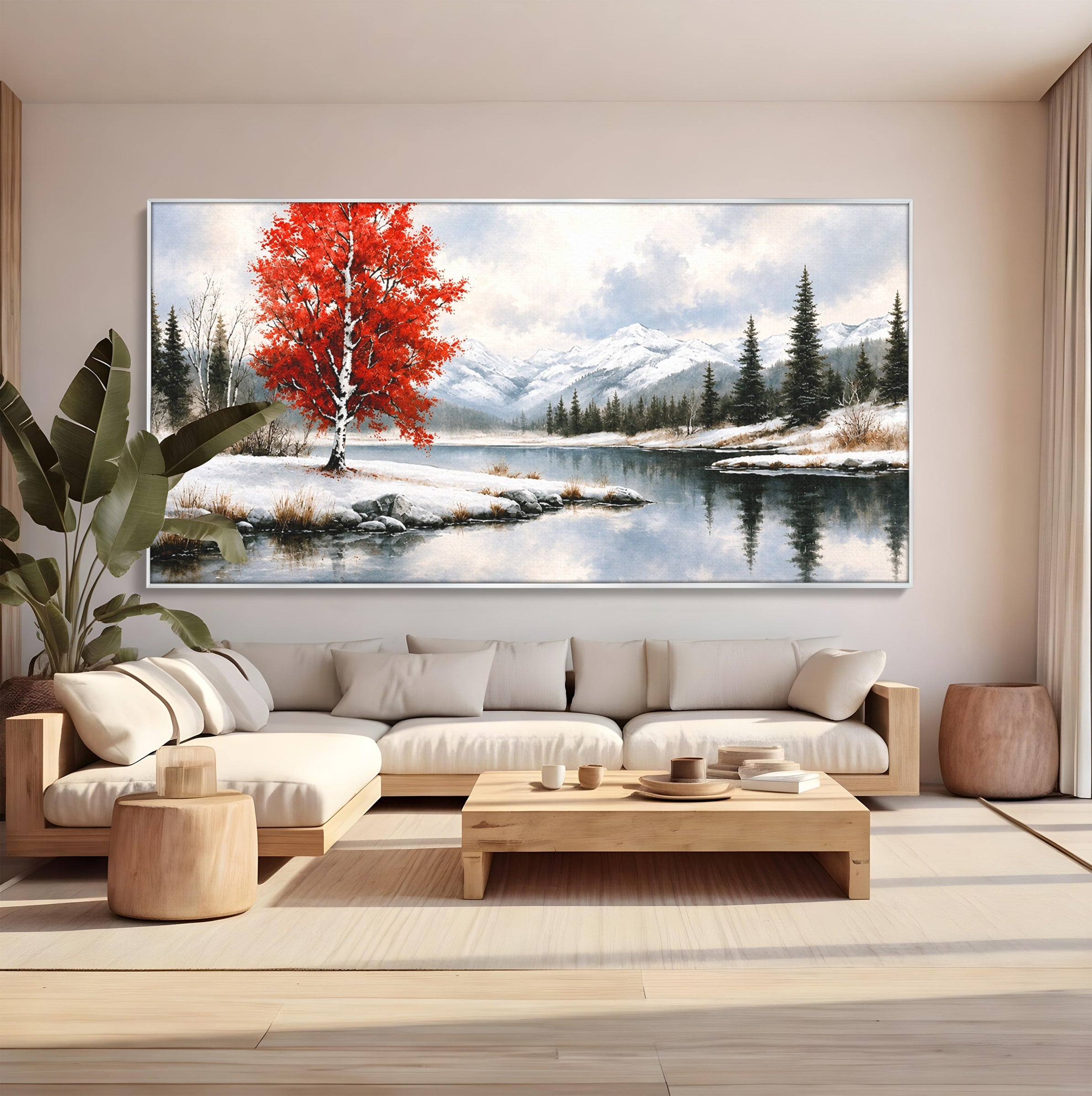 Tablou Canvas Premium LuxCanva® A1705, Peisaj De Iarna Cu Arbore Rosu, Peisaj, Iarna, Arbore, Lac, Natura, Living, Dormitor, Culori Vibrante
