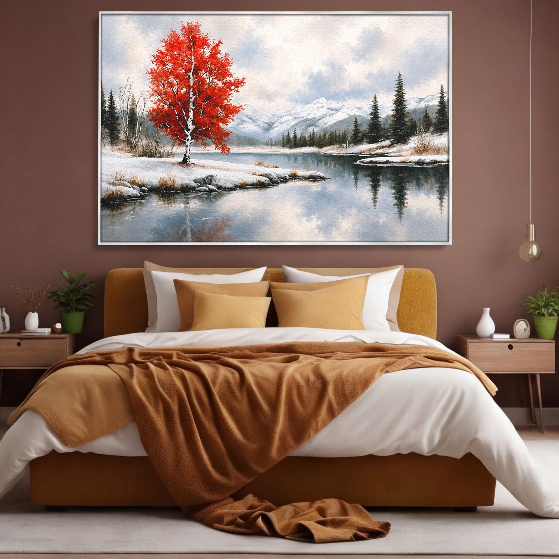 Tablou Canvas Premium LuxCanva® A1705, Peisaj De Iarna Cu Arbore Rosu, Peisaj, Iarna, Arbore, Lac, Natura, Living, Dormitor, Culori Vibrante