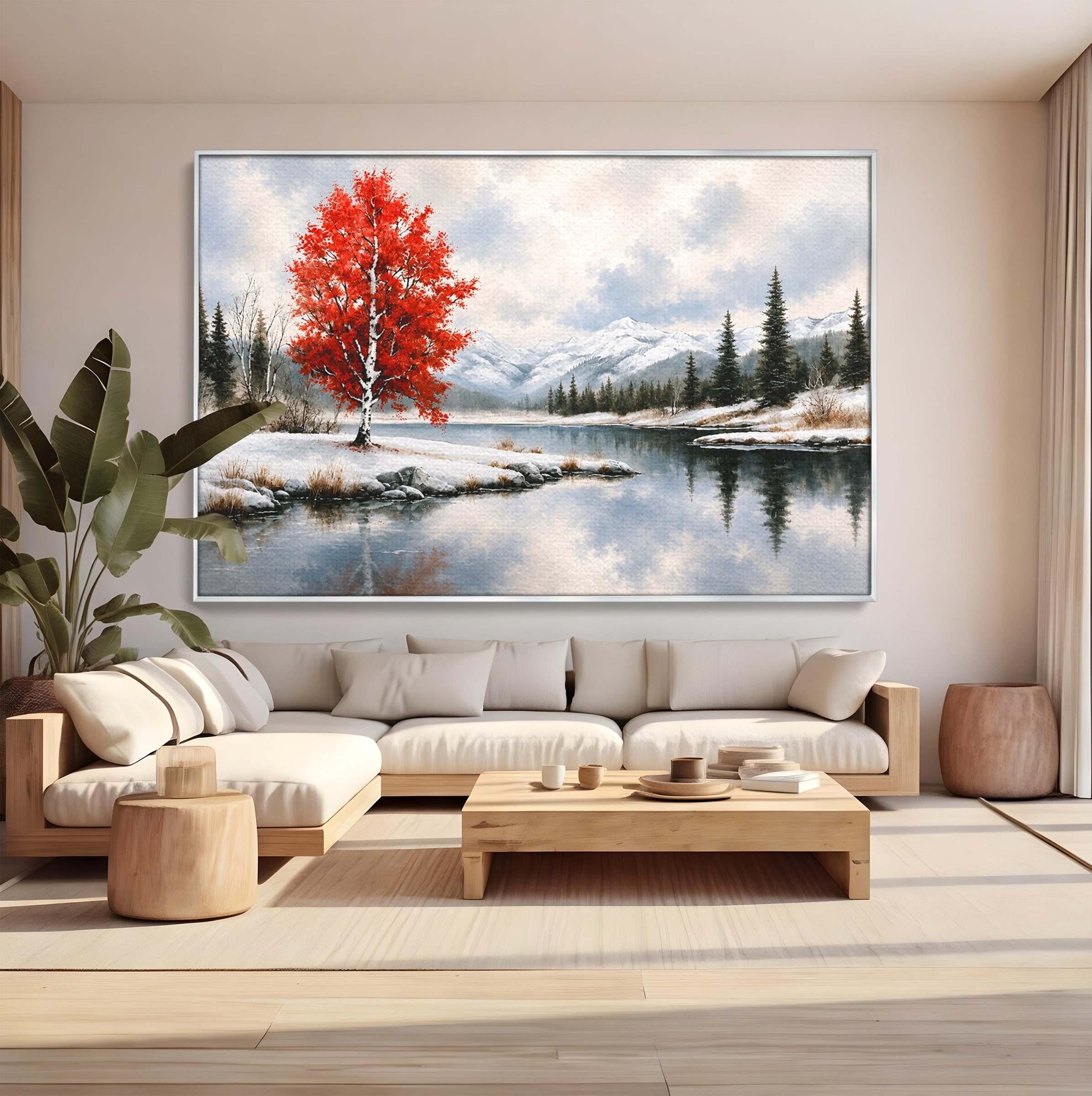 Tablou Canvas Premium LuxCanva® A1705, Peisaj De Iarna Cu Arbore Rosu, Peisaj, Iarna, Arbore, Lac, Natura, Living, Dormitor, Culori Vibrante