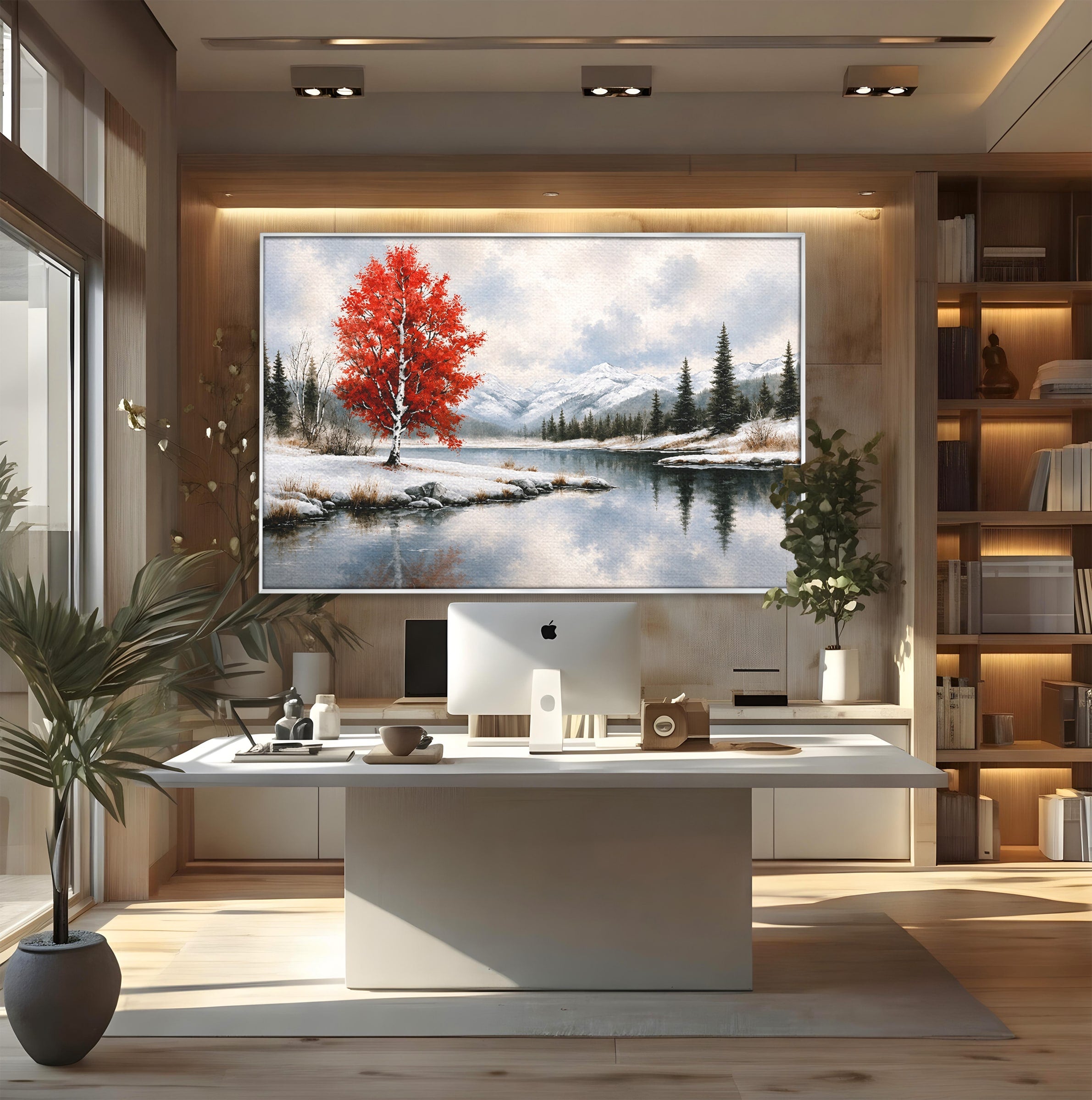 Tablou Canvas Premium LuxCanva® A1705, Peisaj De Iarna Cu Arbore Rosu, Peisaj, Iarna, Arbore, Lac, Natura, Living, Dormitor, Culori Vibrante