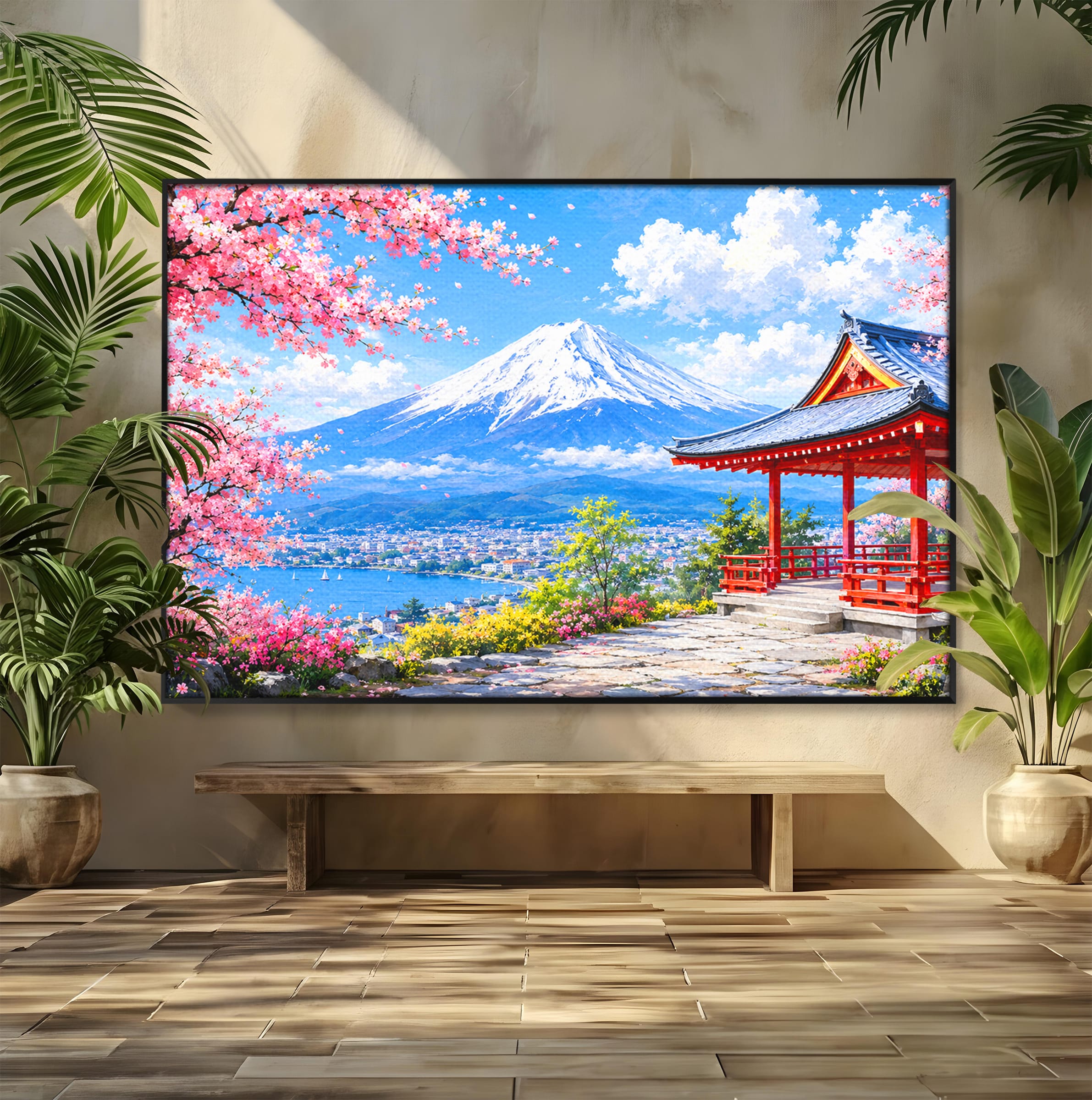 Tablou Canvas Premium LuxCanva® A1706, Primavara La Templu Japonez, Templu, Primavara, Peisaj, Natura, Living, Culori Vibrante