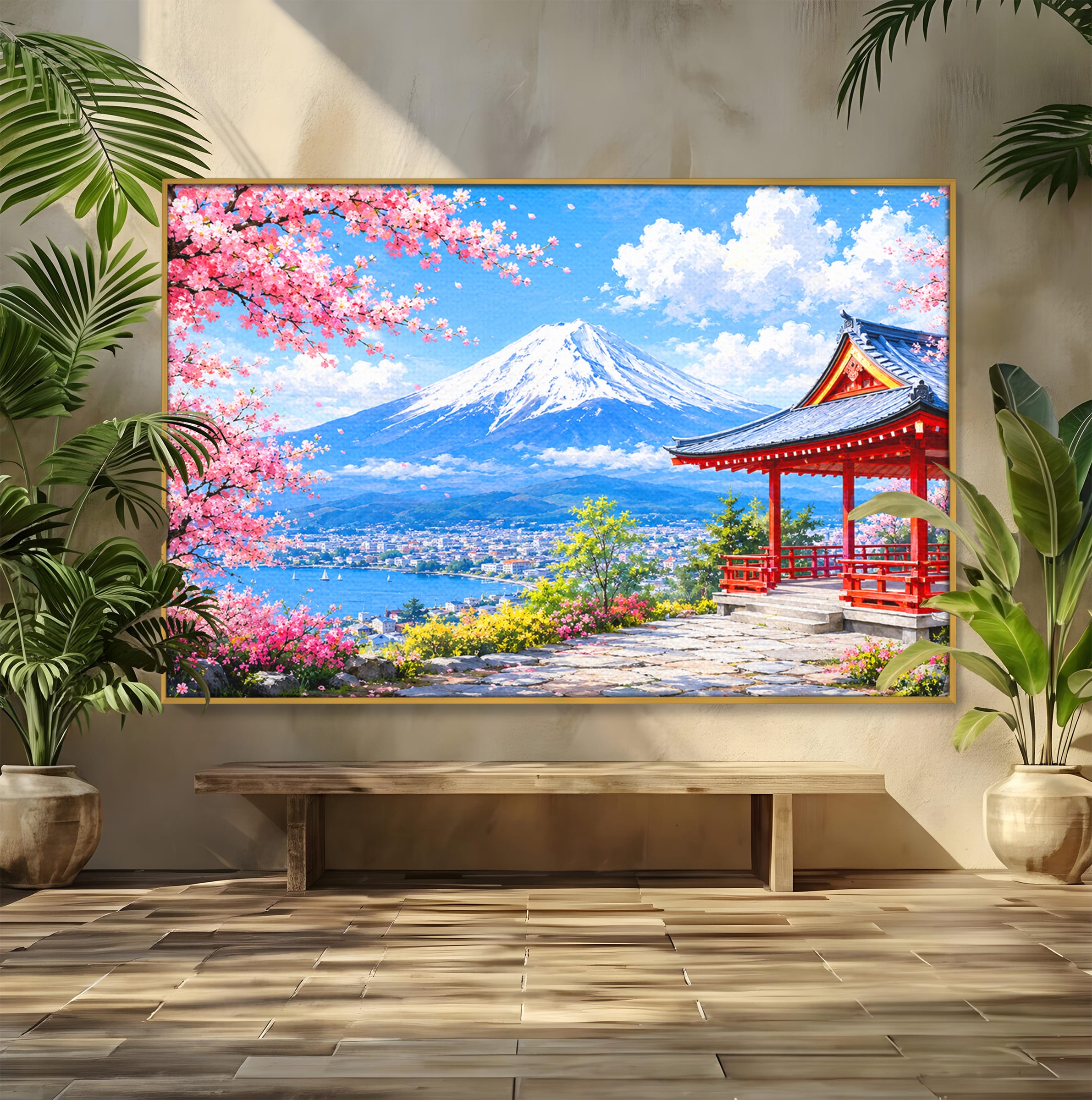 Tablou Canvas Premium LuxCanva® A1706, Primavara La Templu Japonez, Templu, Primavara, Peisaj, Natura, Living, Culori Vibrante