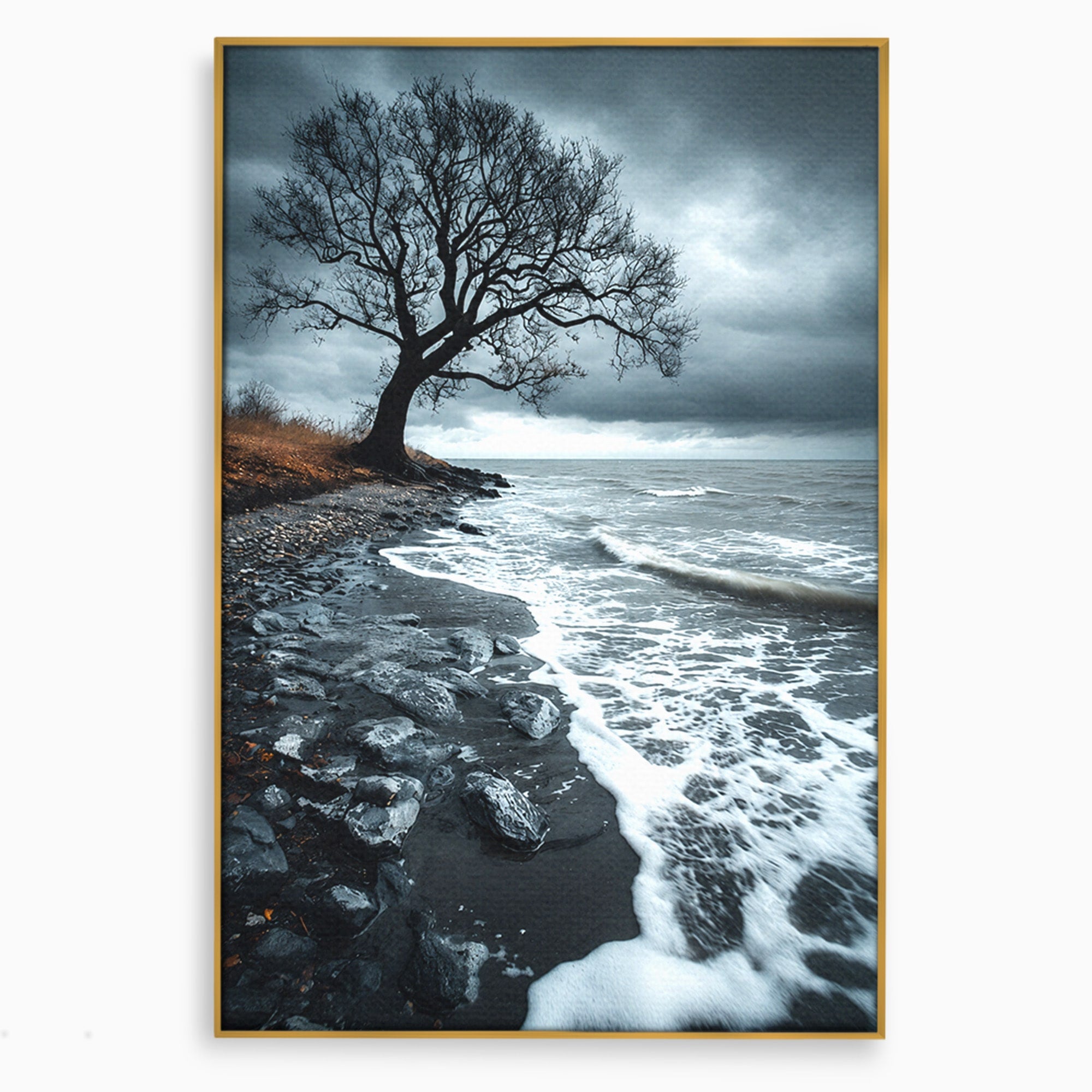 Tablou Canvas Premium LuxCanva® A1707, Copac Singuratic Pe Tarm, Copac, Tarm, Peisaj, Natura, Dramatic, Living, Culori Vibrante