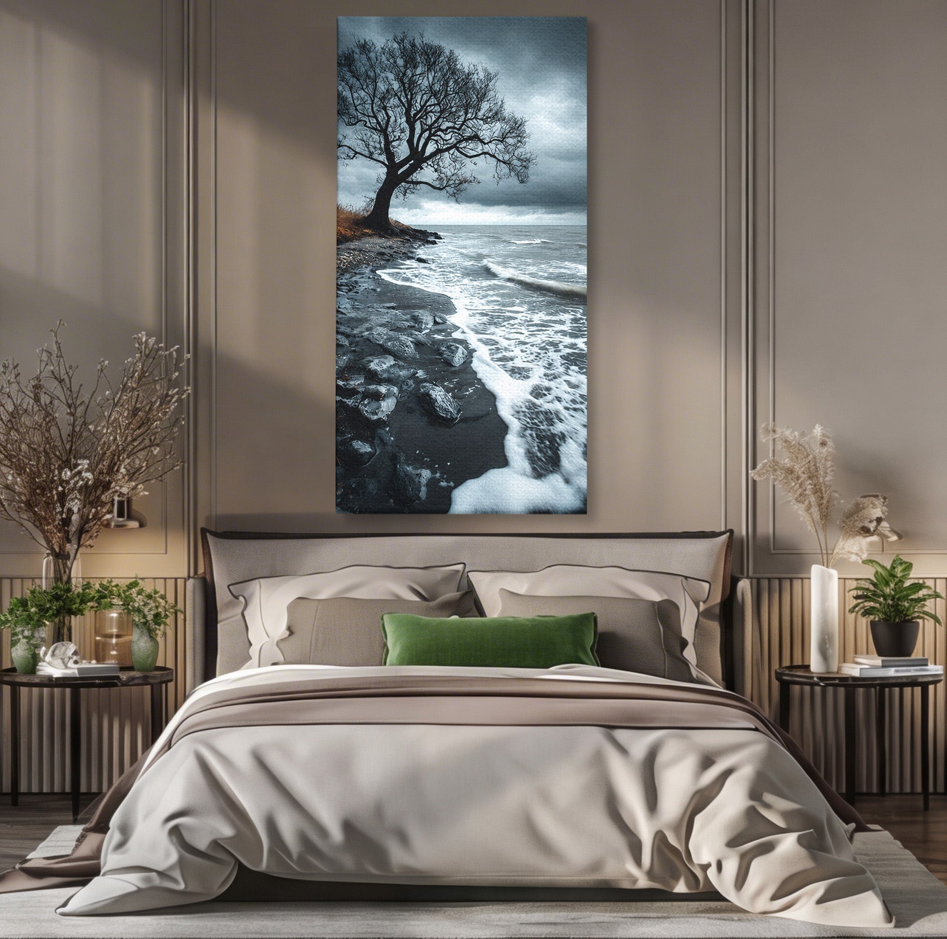 Tablou Canvas Premium LuxCanva® A1707, Copac Singuratic Pe Tarm, Copac, Tarm, Peisaj, Natura, Dramatic, Living, Culori Vibrante