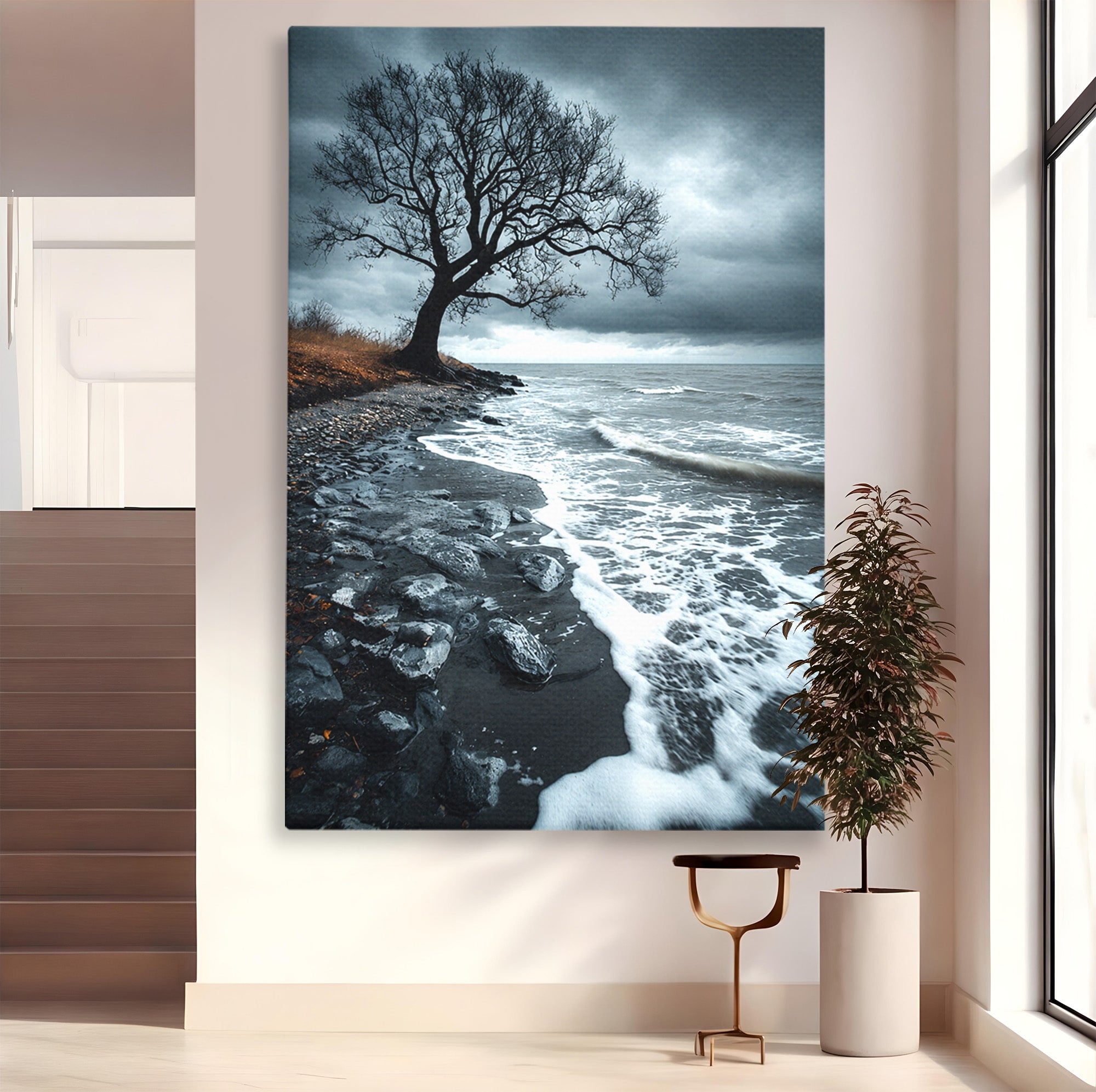 Tablou Canvas Premium LuxCanva® A1707, Copac Singuratic Pe Tarm, Copac, Tarm, Peisaj, Natura, Dramatic, Living, Culori Vibrante