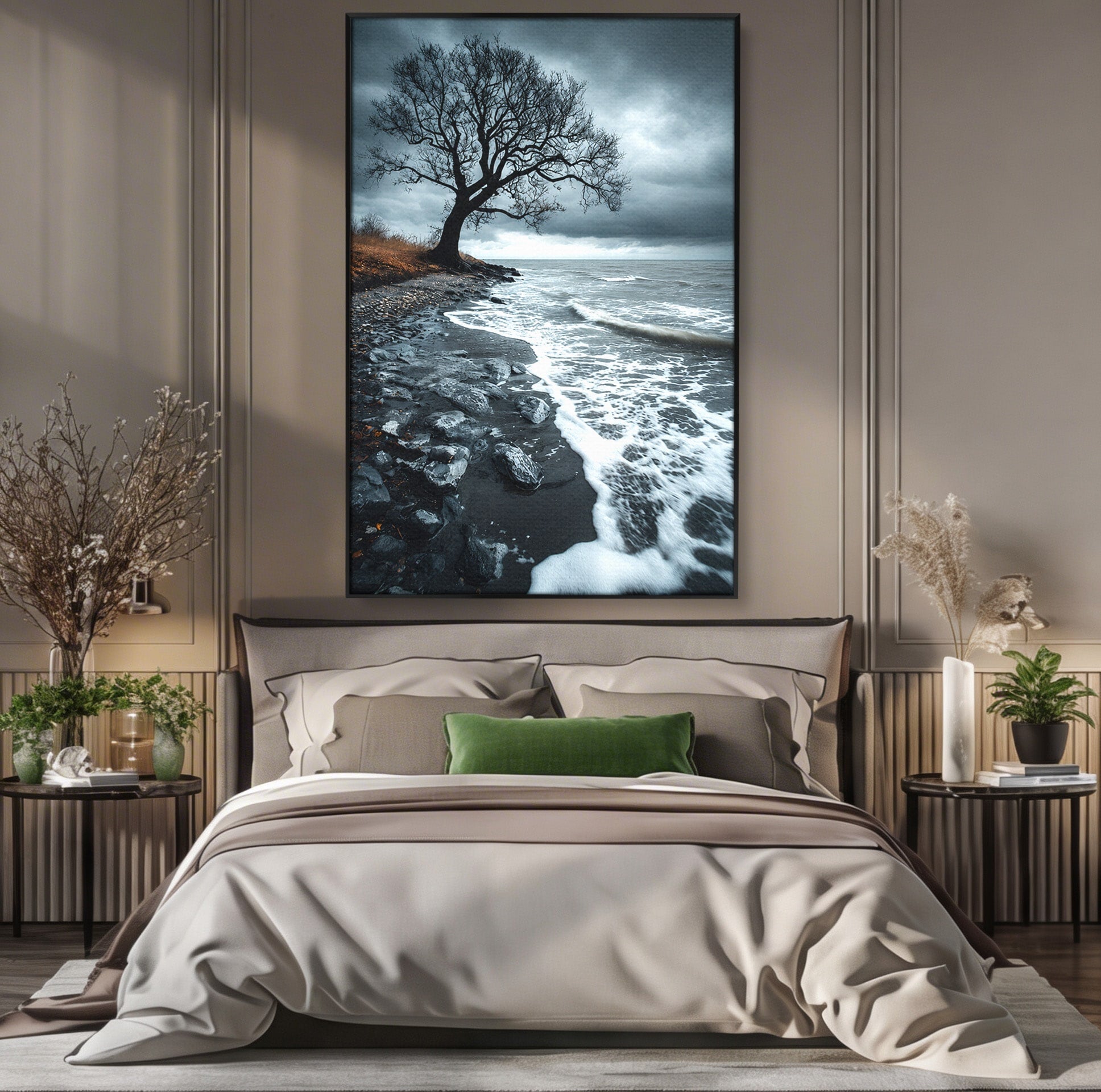 Tablou Canvas Premium LuxCanva® A1707, Copac Singuratic Pe Tarm, Copac, Tarm, Peisaj, Natura, Dramatic, Living, Culori Vibrante