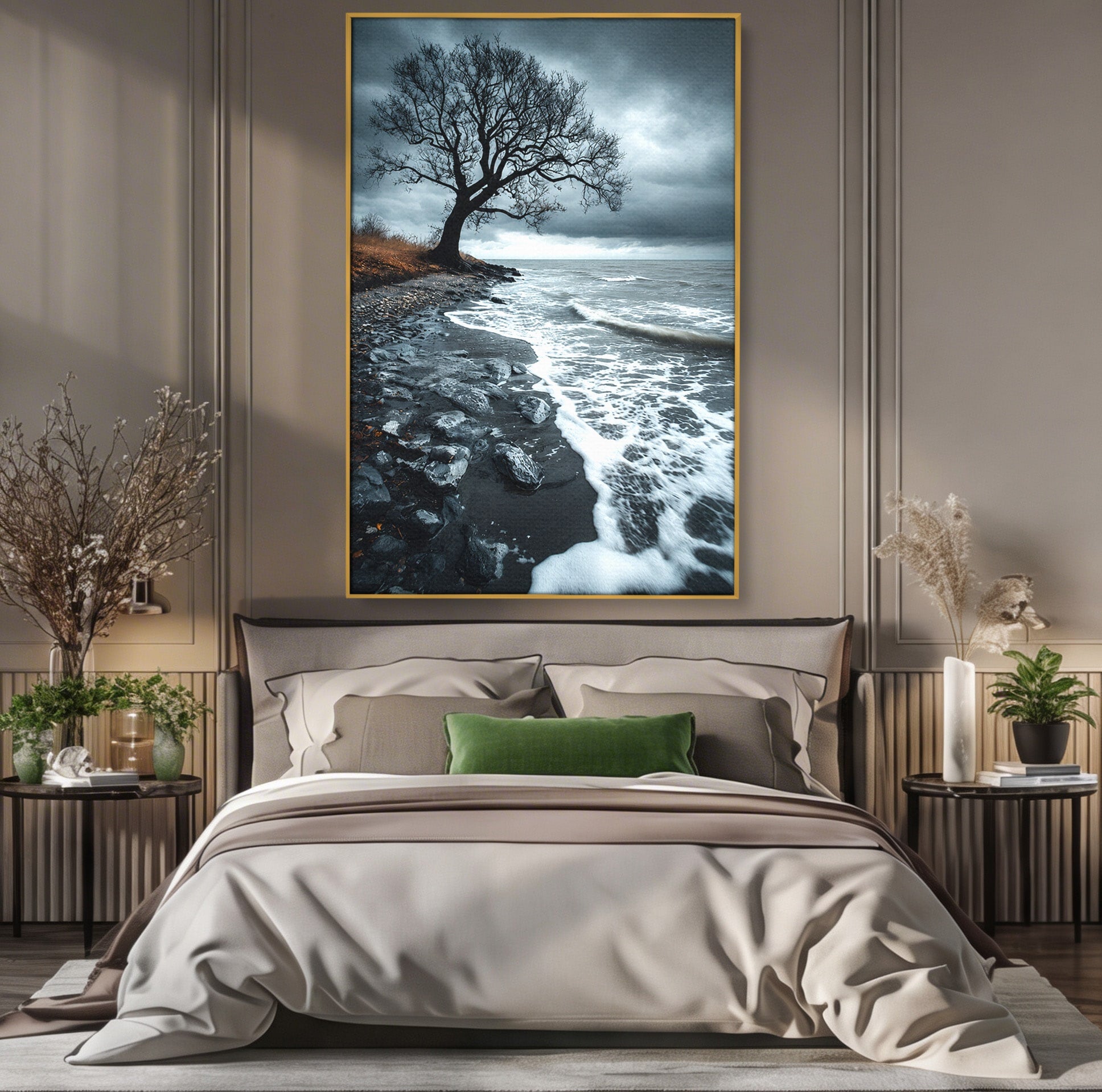 Tablou Canvas Premium LuxCanva® A1707, Copac Singuratic Pe Tarm, Copac, Tarm, Peisaj, Natura, Dramatic, Living, Culori Vibrante