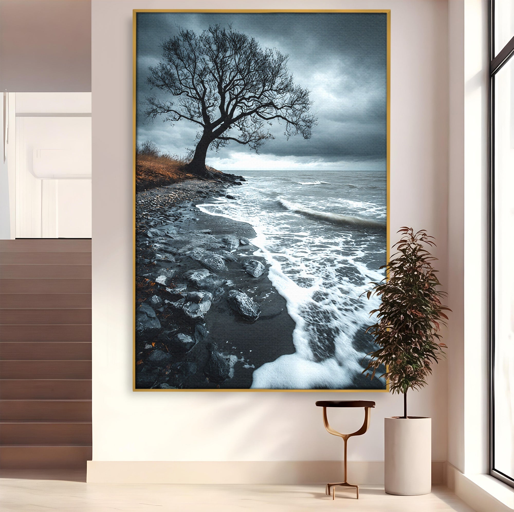 Tablou Canvas Premium LuxCanva® A1707, Copac Singuratic Pe Tarm, Copac, Tarm, Peisaj, Natura, Dramatic, Living, Culori Vibrante