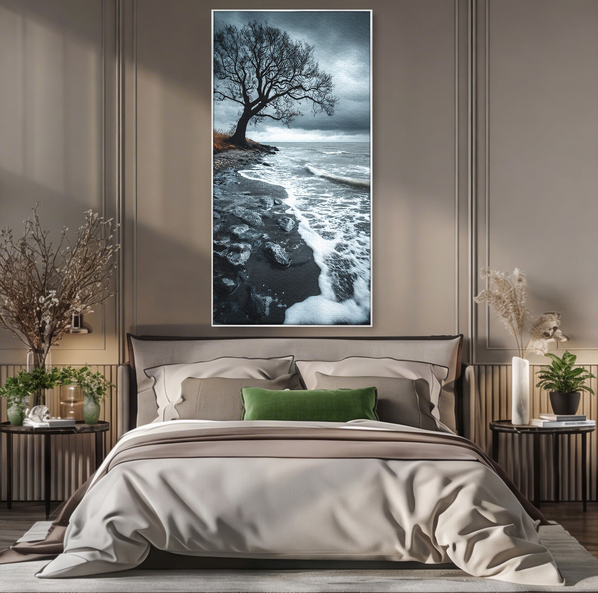 Tablou Canvas Premium LuxCanva® A1707, Copac Singuratic Pe Tarm, Copac, Tarm, Peisaj, Natura, Dramatic, Living, Culori Vibrante