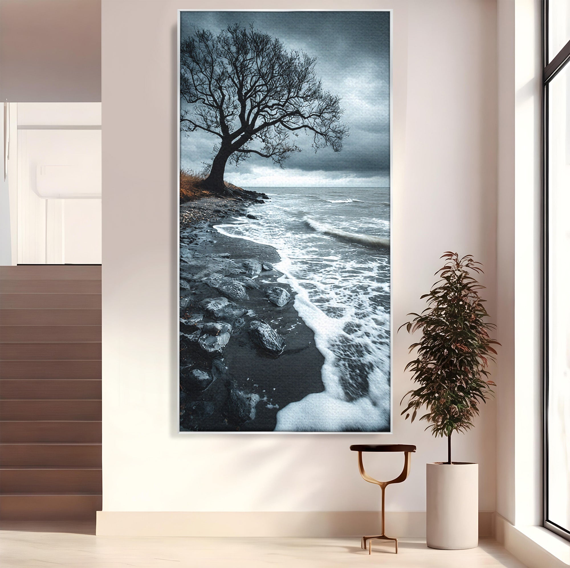 Tablou Canvas Premium LuxCanva® A1707, Copac Singuratic Pe Tarm, Copac, Tarm, Peisaj, Natura, Dramatic, Living, Culori Vibrante