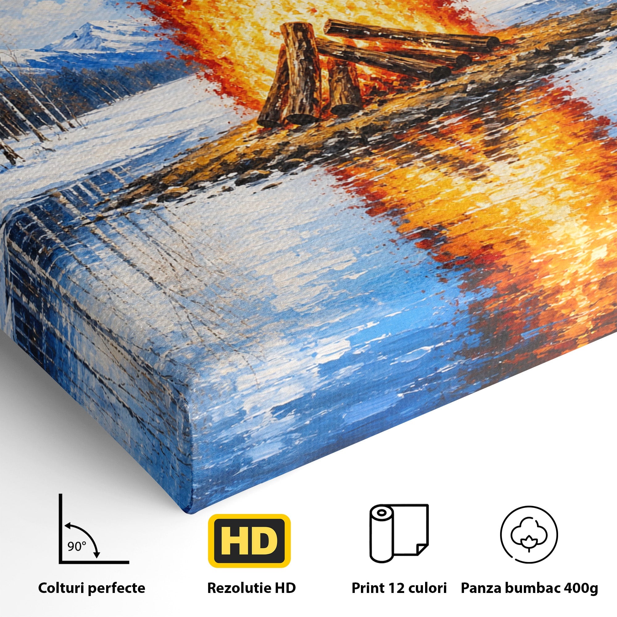 Tablou Canvas Premium LuxCanva® A1709, Focul Reflectat, Foc, Iarna, Peisaj, Reflectie, Living, Culori Vibrante