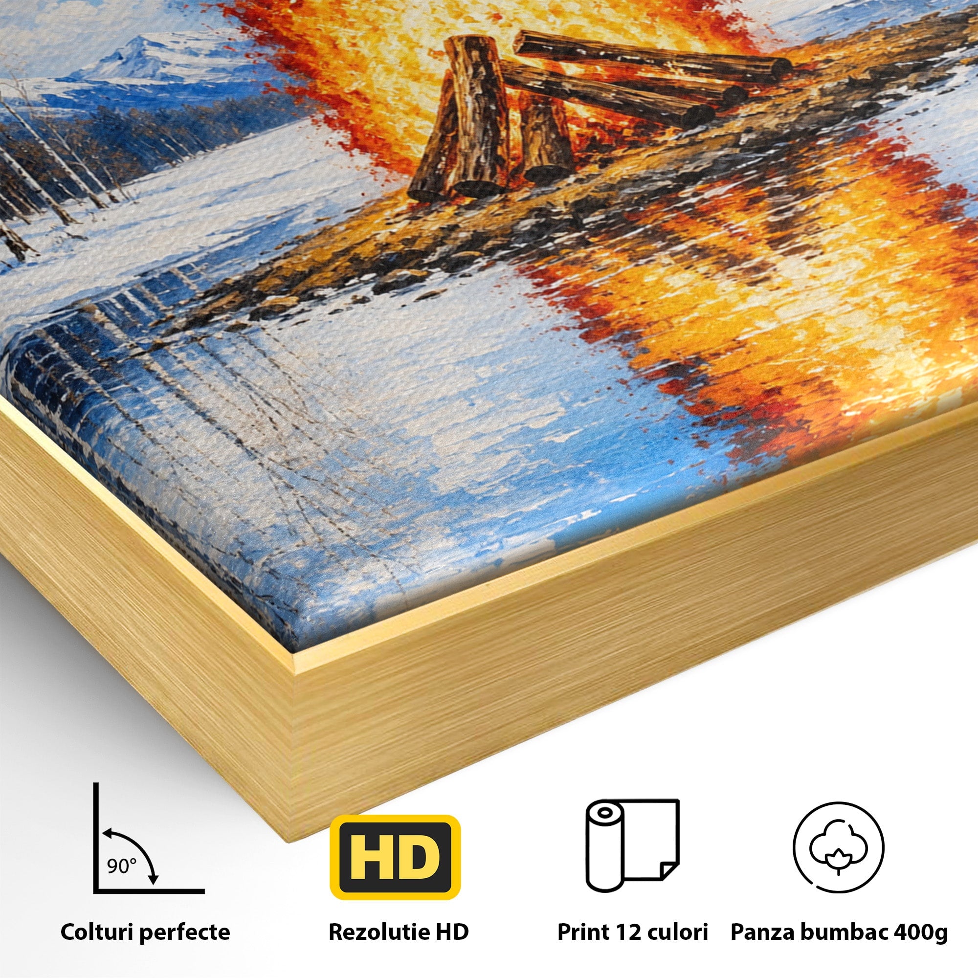 Tablou Canvas Premium LuxCanva® A1709, Focul Reflectat, Foc, Iarna, Peisaj, Reflectie, Living, Culori Vibrante