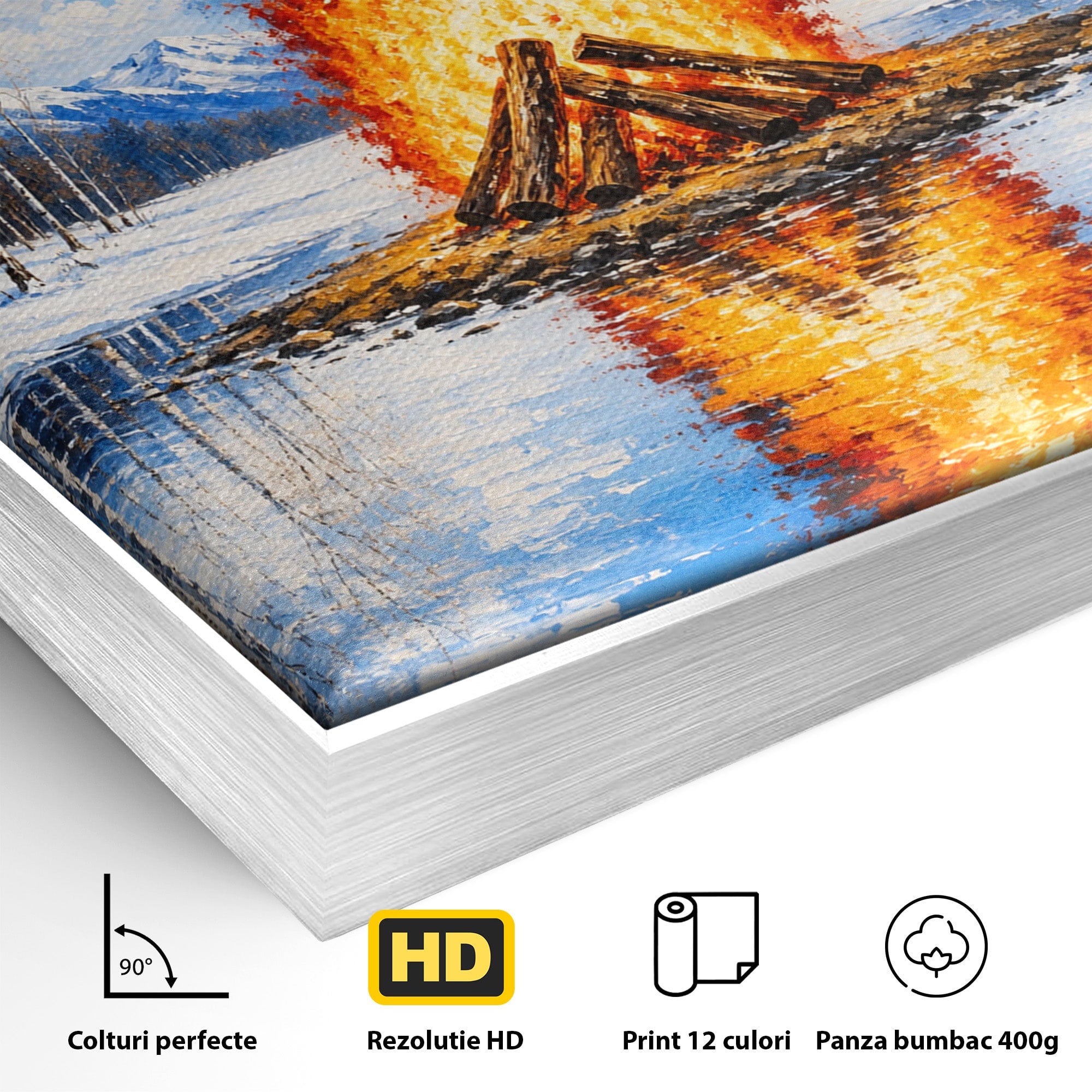 Tablou Canvas Premium LuxCanva® A1709, Focul Reflectat, Foc, Iarna, Peisaj, Reflectie, Living, Culori Vibrante