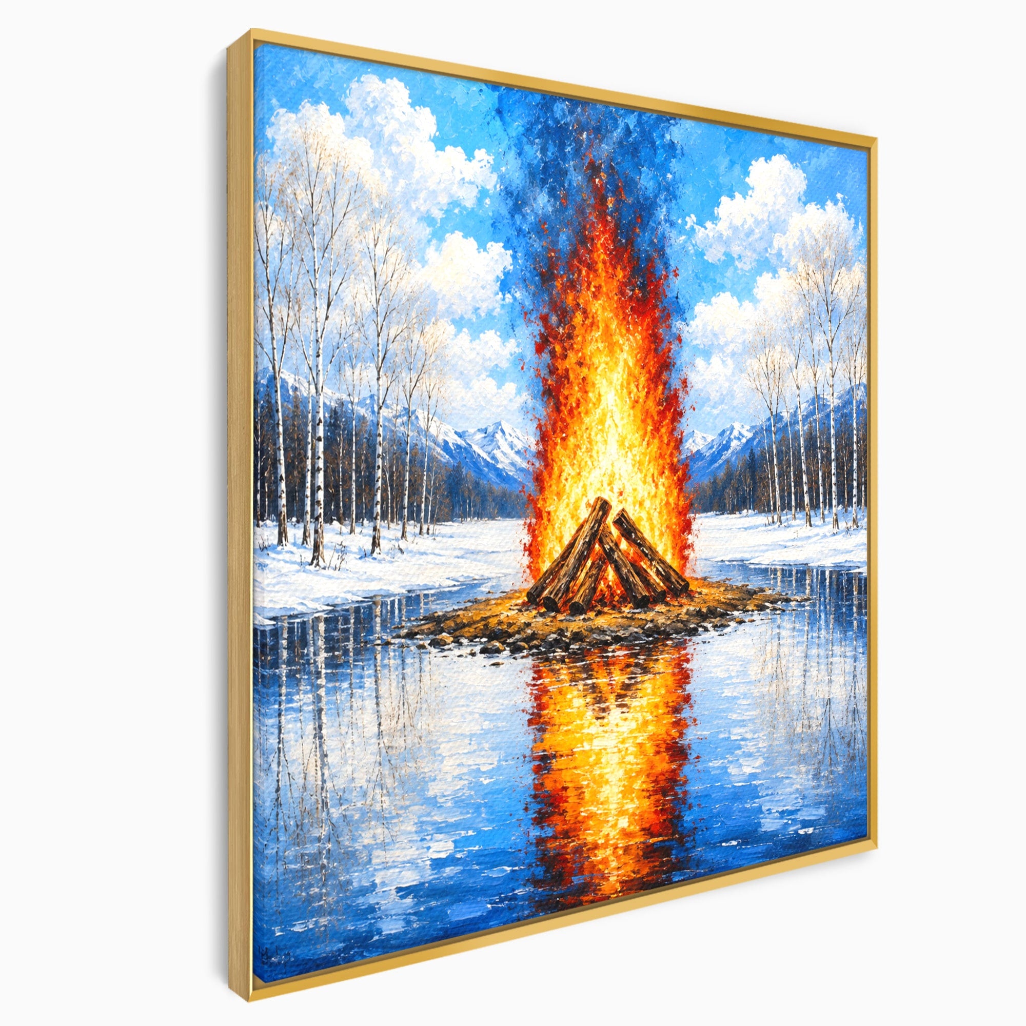 Tablou Canvas Premium LuxCanva® A1709, Focul Reflectat, Foc, Iarna, Peisaj, Reflectie, Living, Culori Vibrante