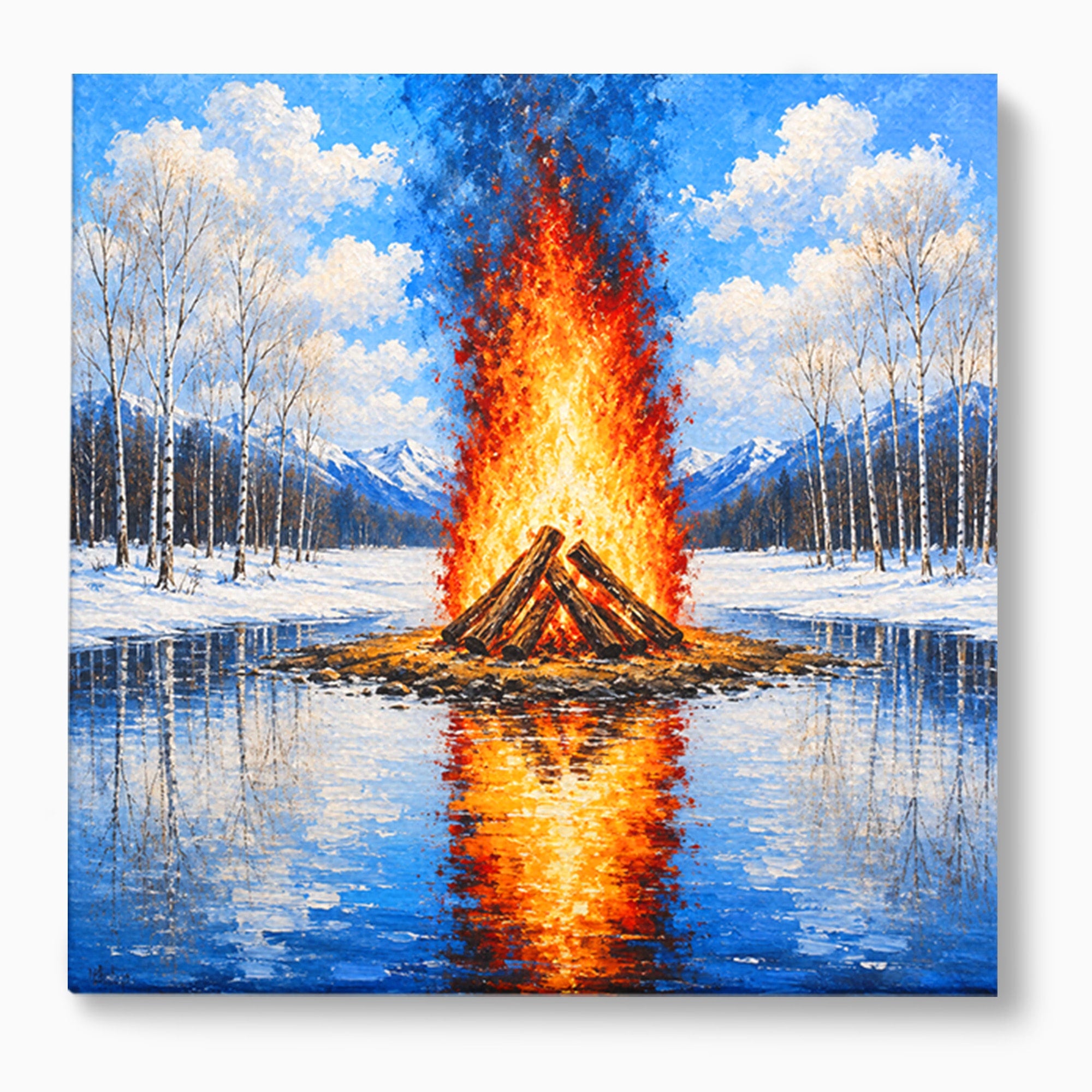 Tablou Canvas Premium LuxCanva® A1709, Focul Reflectat, Foc, Iarna, Peisaj, Reflectie, Living, Culori Vibrante