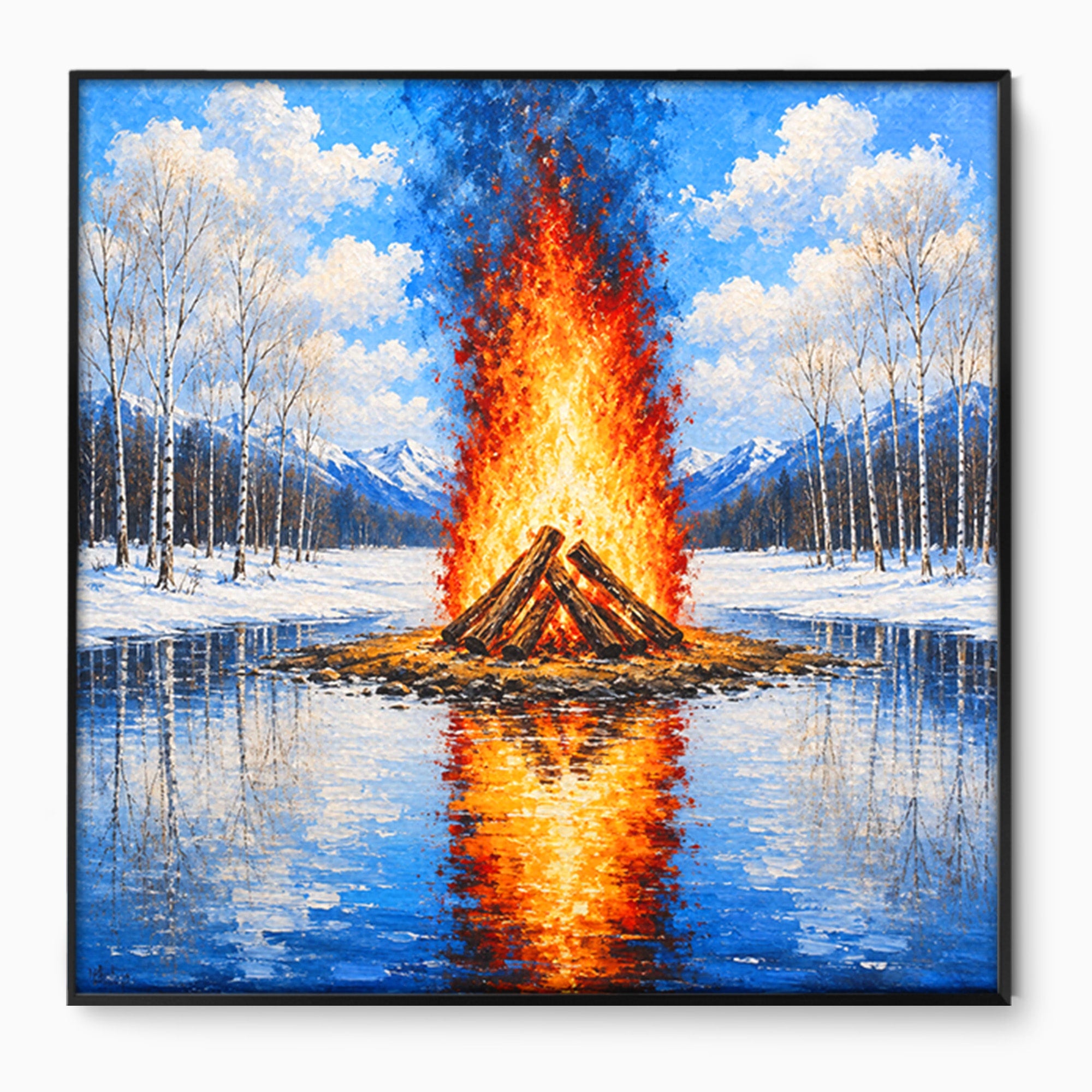 Tablou Canvas Premium LuxCanva® A1709, Focul Reflectat, Foc, Iarna, Peisaj, Reflectie, Living, Culori Vibrante