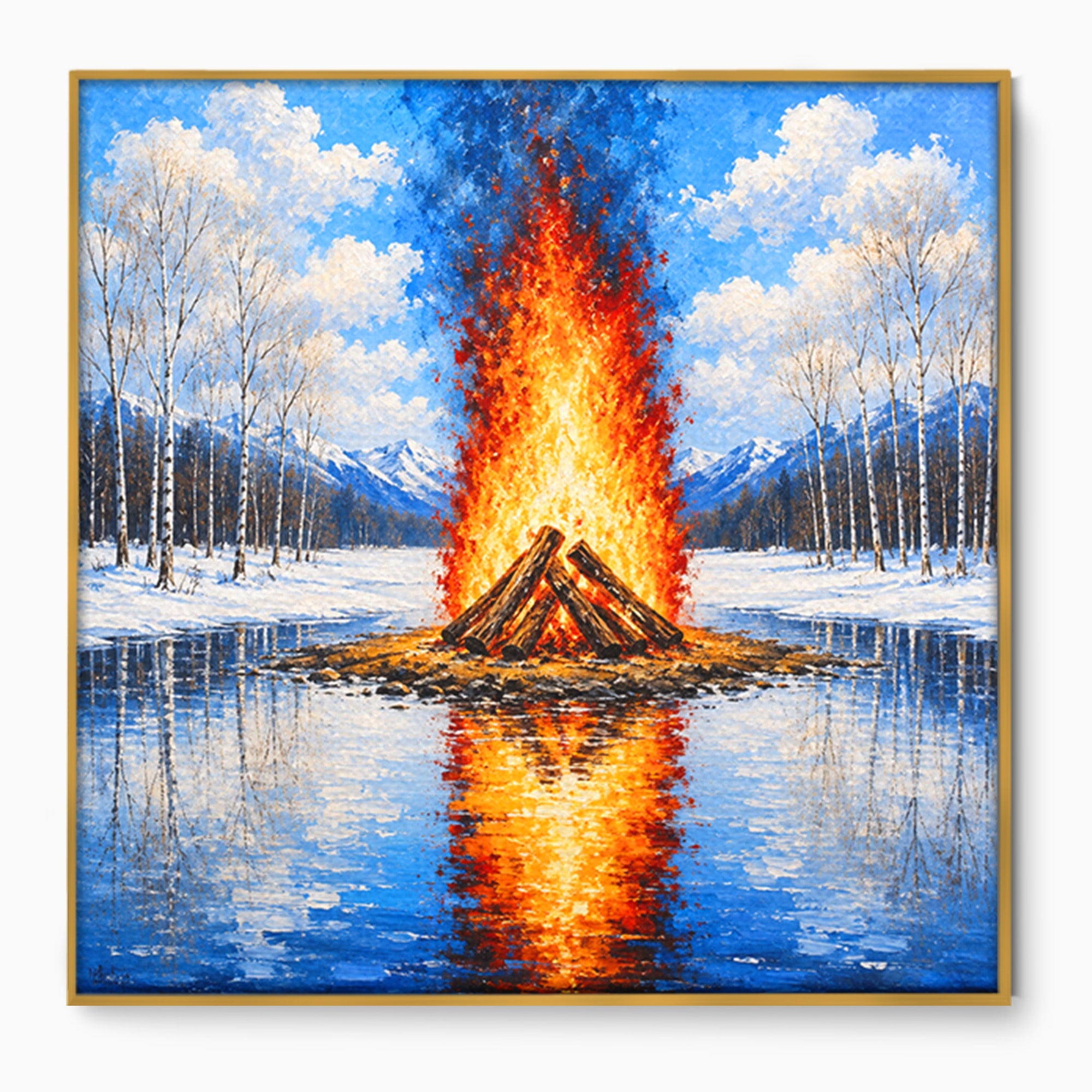 Tablou Canvas Premium LuxCanva® A1709, Focul Reflectat, Foc, Iarna, Peisaj, Reflectie, Living, Culori Vibrante