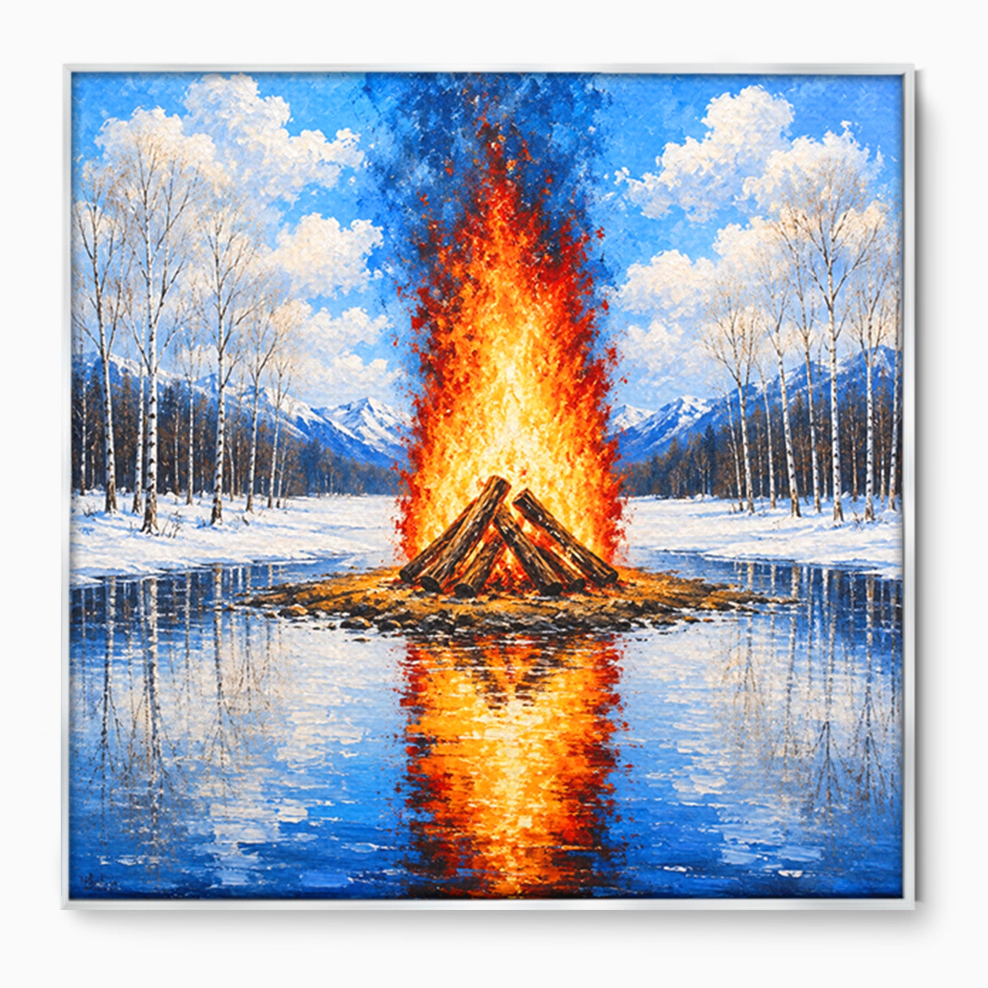 Tablou Canvas Premium LuxCanva® A1709, Focul Reflectat, Foc, Iarna, Peisaj, Reflectie, Living, Culori Vibrante