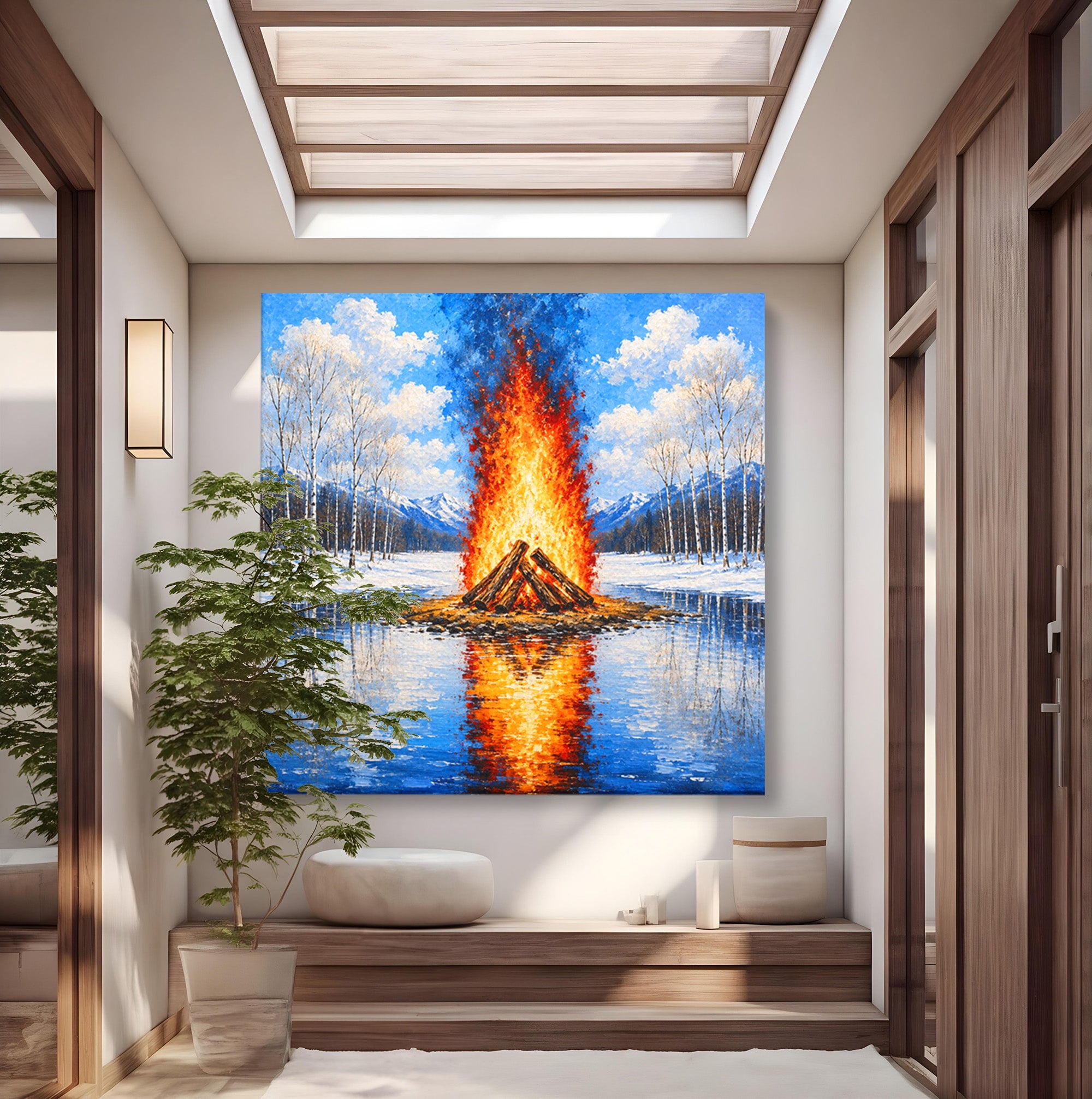 Tablou Canvas Premium LuxCanva® A1709, Focul Reflectat, Foc, Iarna, Peisaj, Reflectie, Living, Culori Vibrante