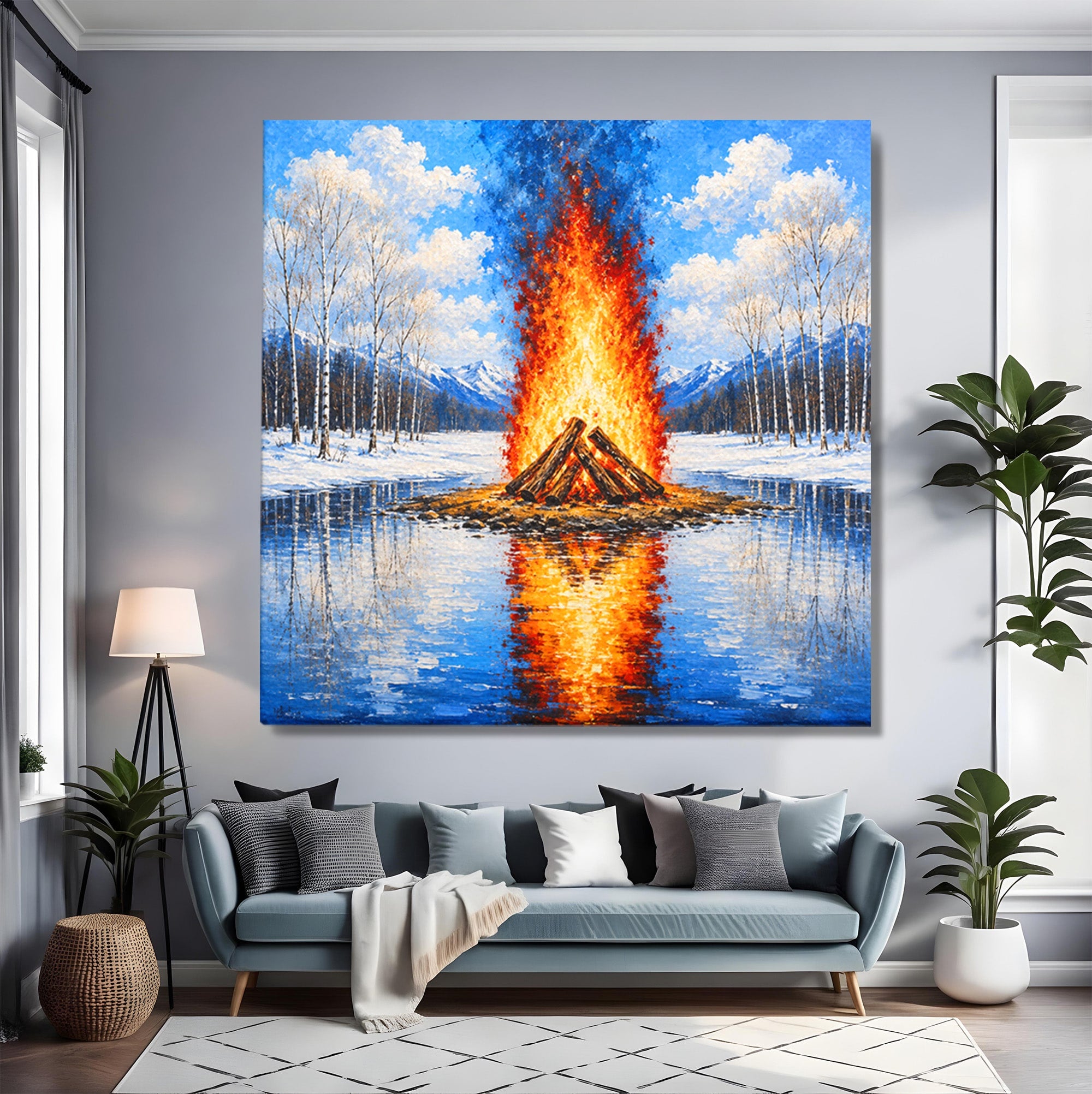 Tablou Canvas Premium LuxCanva® A1709, Focul Reflectat, Foc, Iarna, Peisaj, Reflectie, Living, Culori Vibrante