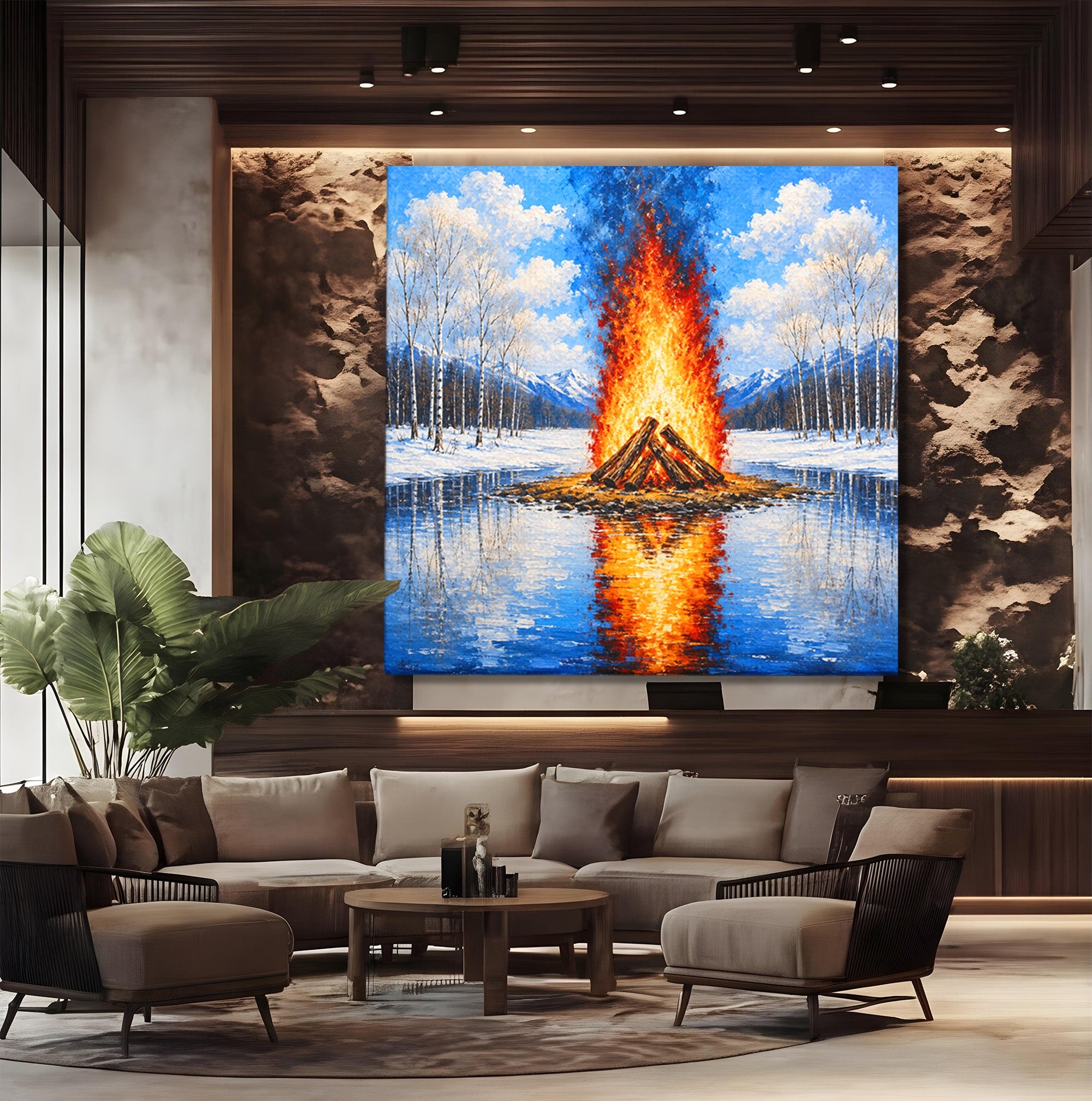 Tablou Canvas Premium LuxCanva® A1709, Focul Reflectat, Foc, Iarna, Peisaj, Reflectie, Living, Culori Vibrante