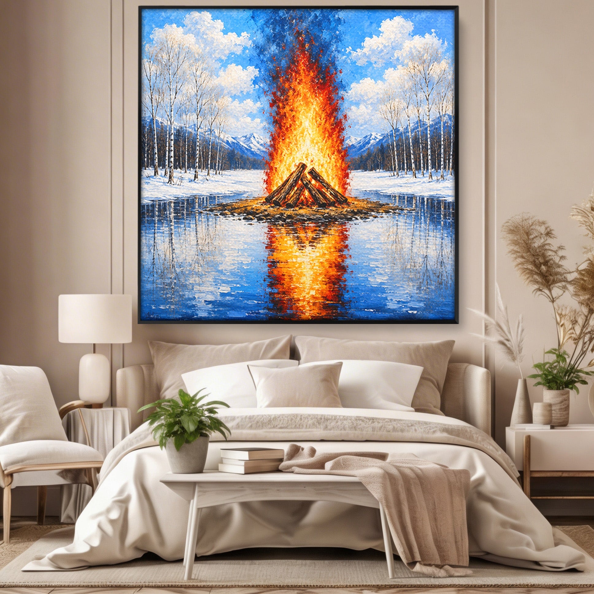 Tablou Canvas Premium LuxCanva® A1709, Focul Reflectat, Foc, Iarna, Peisaj, Reflectie, Living, Culori Vibrante