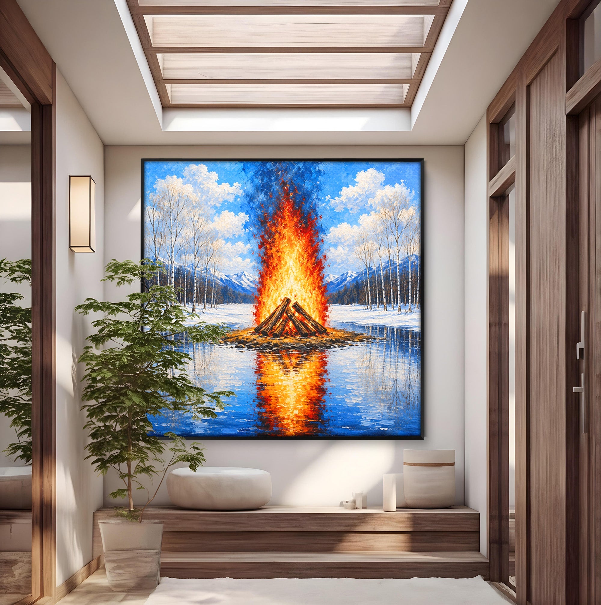 Tablou Canvas Premium LuxCanva® A1709, Focul Reflectat, Foc, Iarna, Peisaj, Reflectie, Living, Culori Vibrante