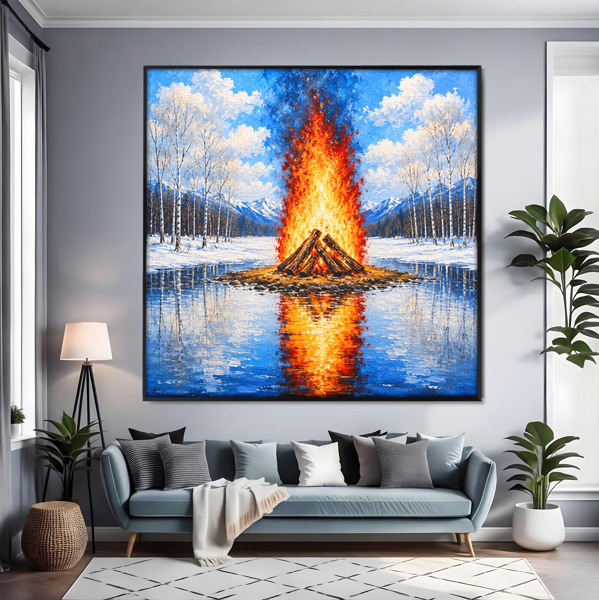 Tablou Canvas Premium LuxCanva® A1709, Focul Reflectat, Foc, Iarna, Peisaj, Reflectie, Living, Culori Vibrante