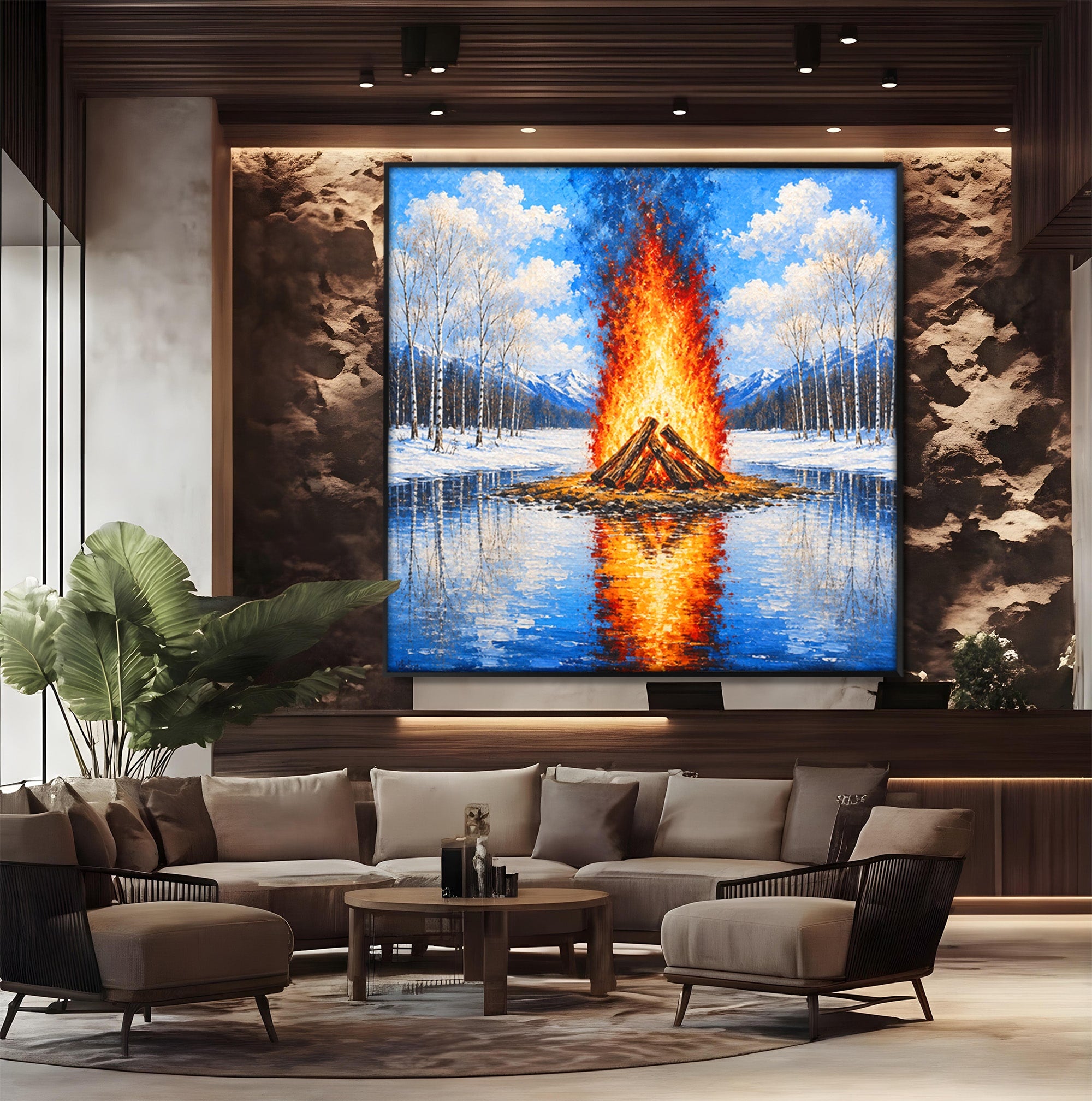 Tablou Canvas Premium LuxCanva® A1709, Focul Reflectat, Foc, Iarna, Peisaj, Reflectie, Living, Culori Vibrante