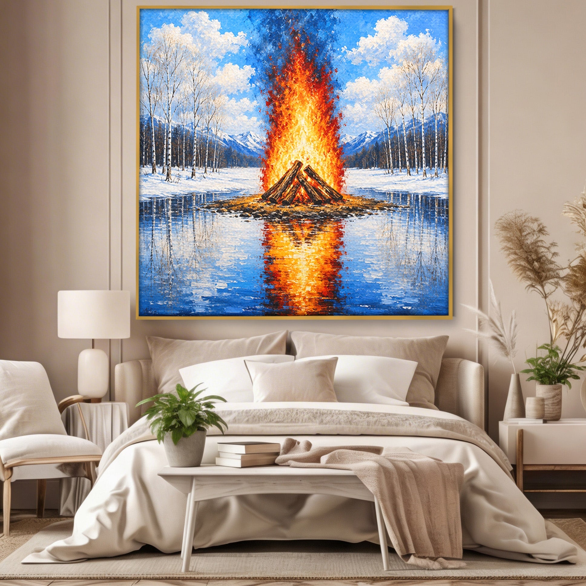 Tablou Canvas Premium LuxCanva® A1709, Focul Reflectat, Foc, Iarna, Peisaj, Reflectie, Living, Culori Vibrante