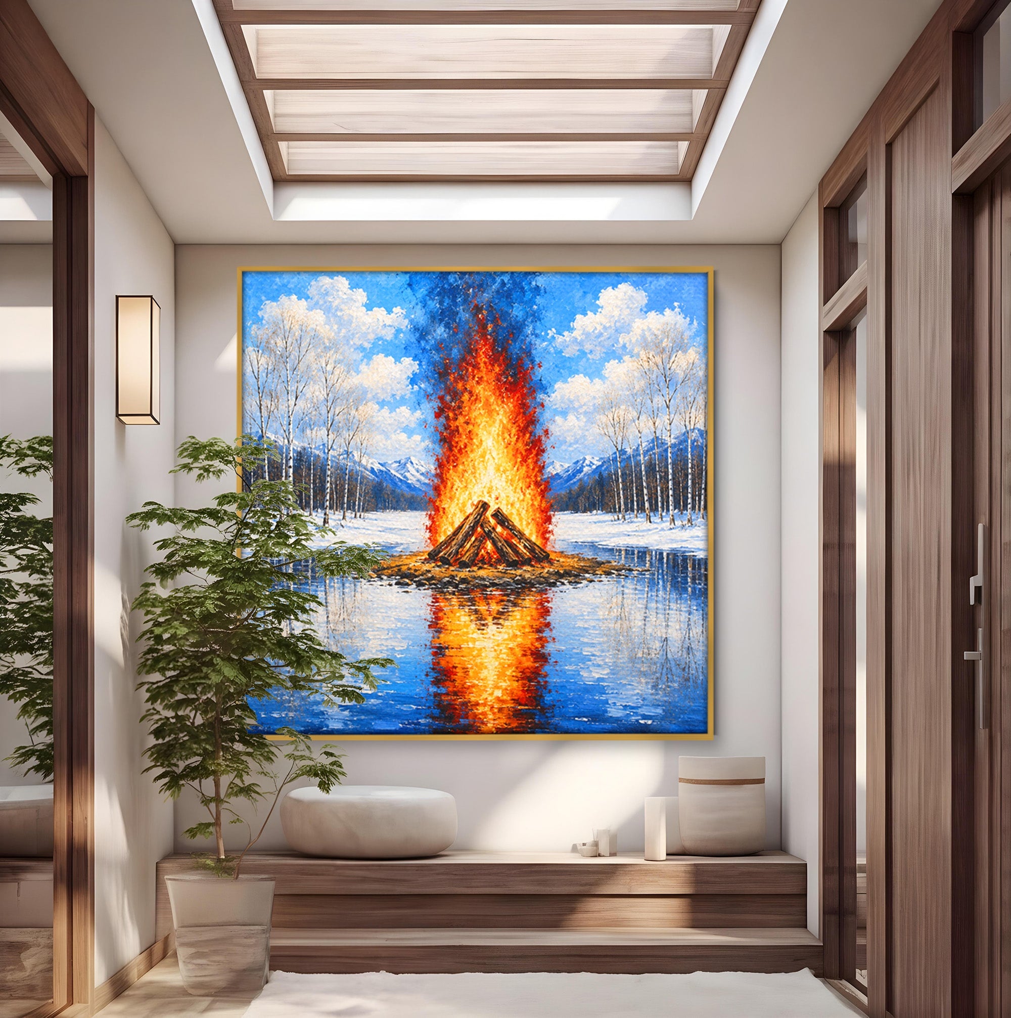 Tablou Canvas Premium LuxCanva® A1709, Focul Reflectat, Foc, Iarna, Peisaj, Reflectie, Living, Culori Vibrante