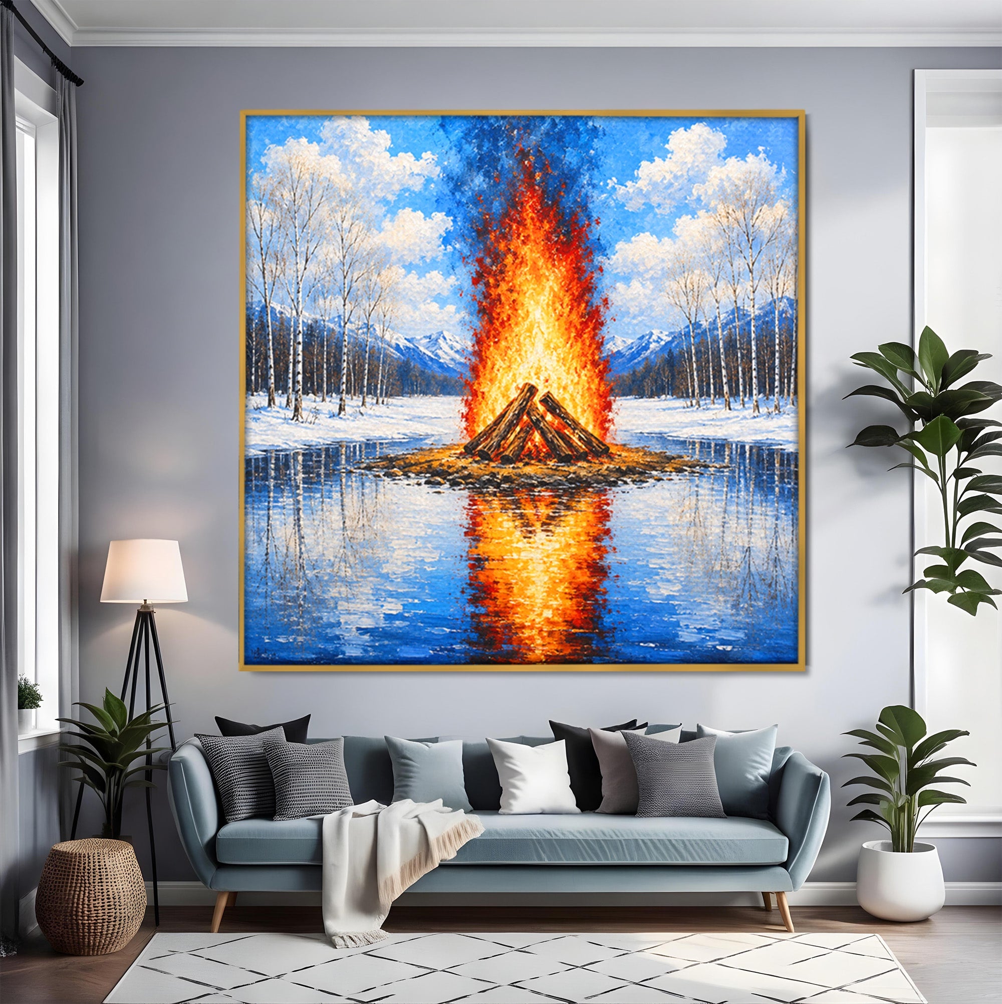 Tablou Canvas Premium LuxCanva® A1709, Focul Reflectat, Foc, Iarna, Peisaj, Reflectie, Living, Culori Vibrante